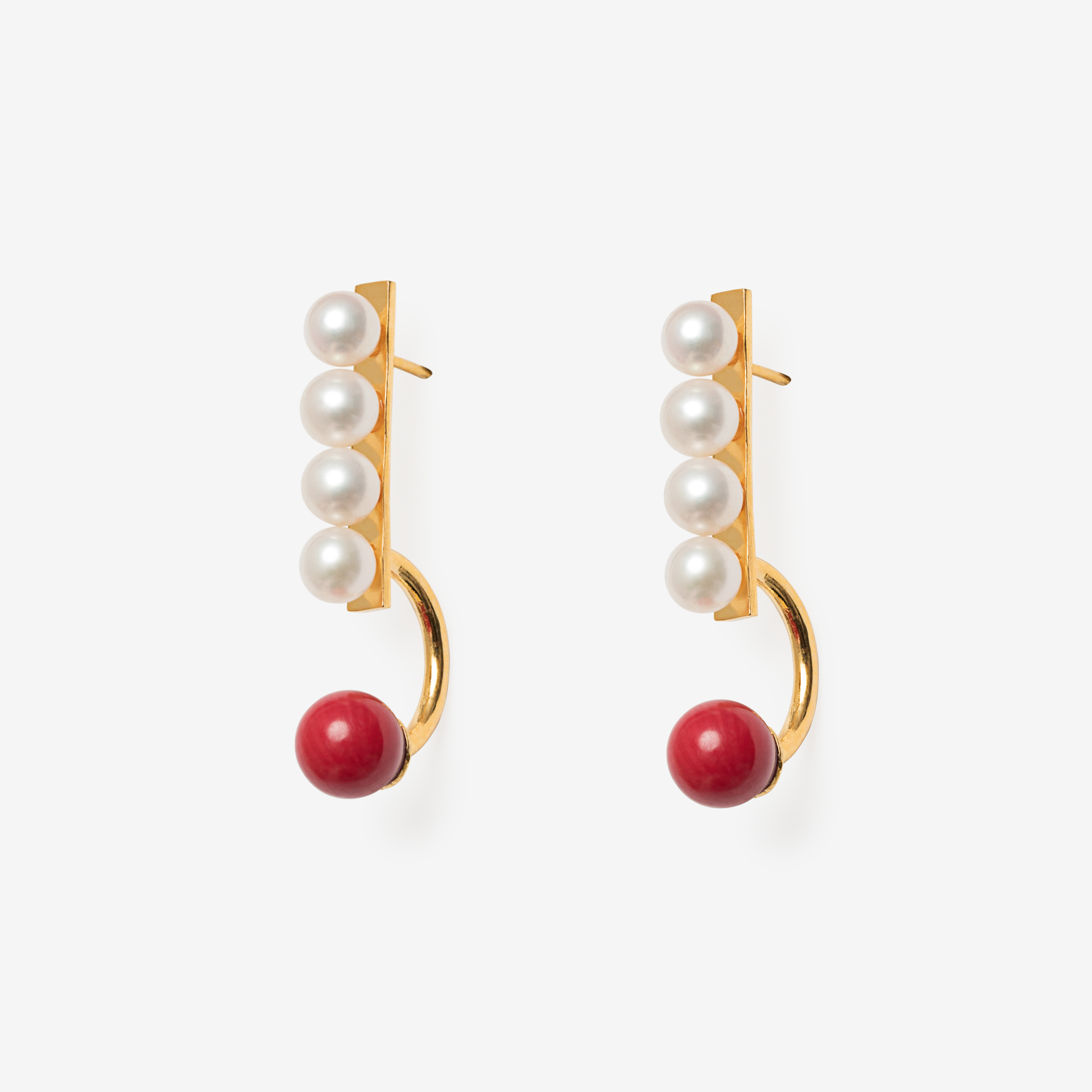 broken square earrings with 4 pearls/coral gold finish