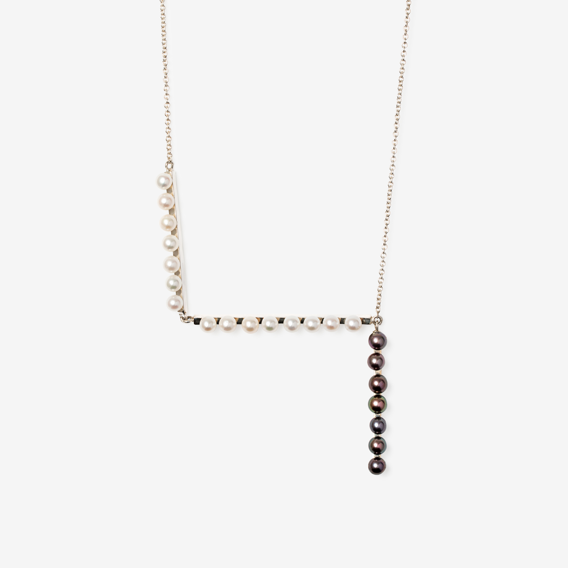 broken square necklace with 3 lines of pearls