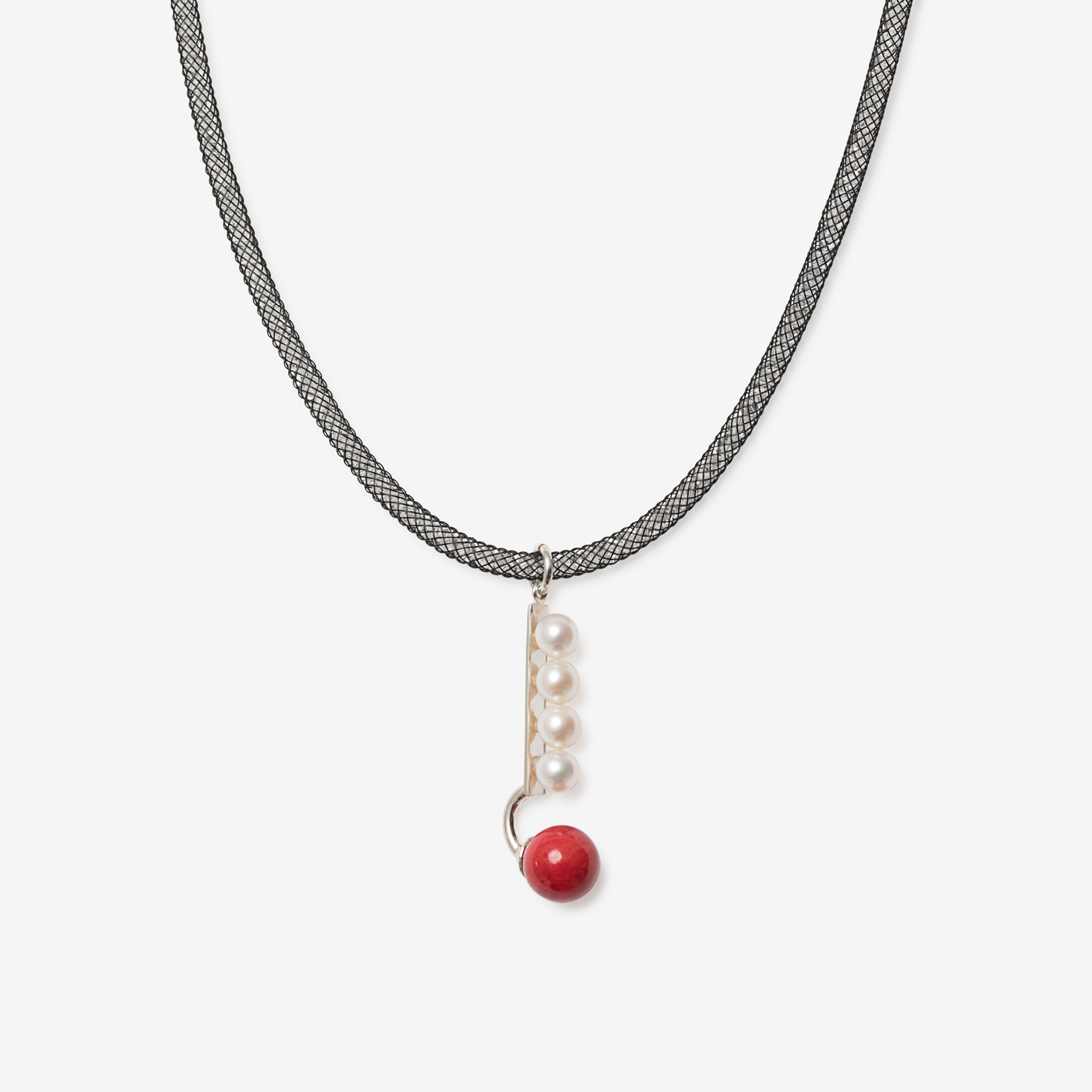 broken square necklace with 4 pearls and coral/silver