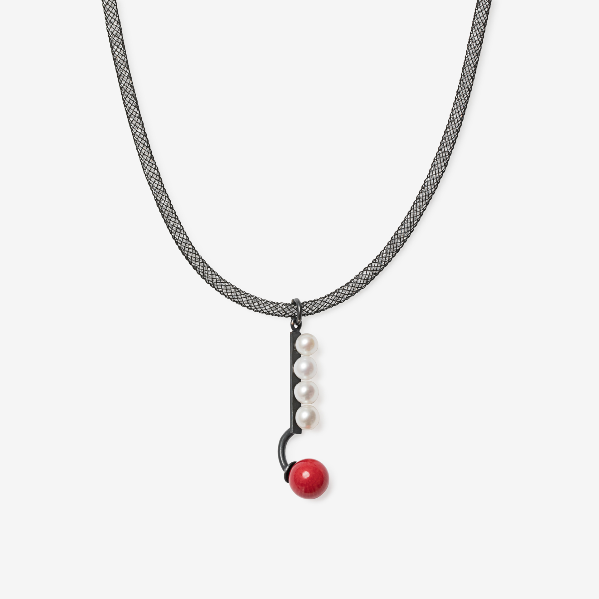 broken square necklace 4 pearls with coral/oxidized