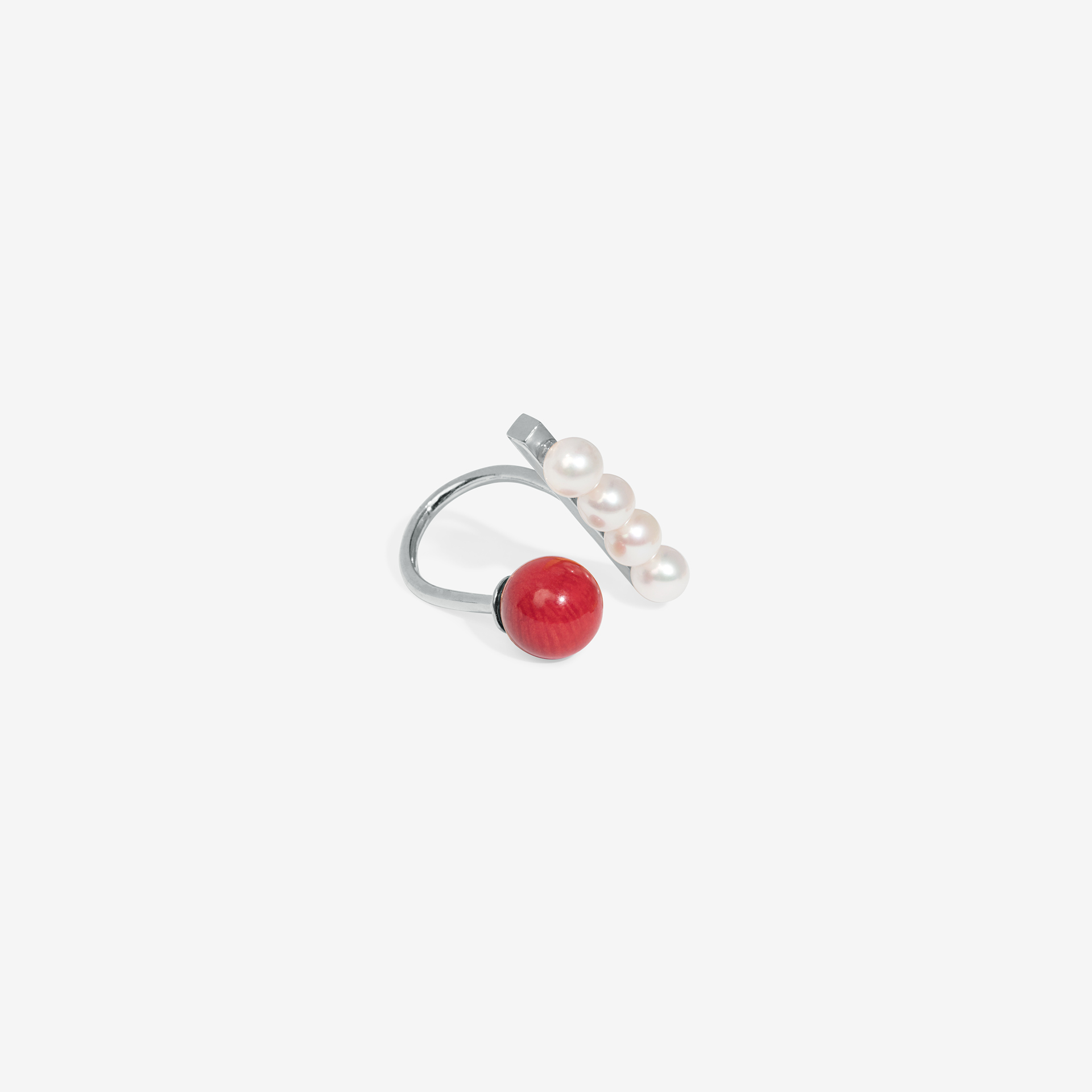 broken square ring with 4 pearls and a coral