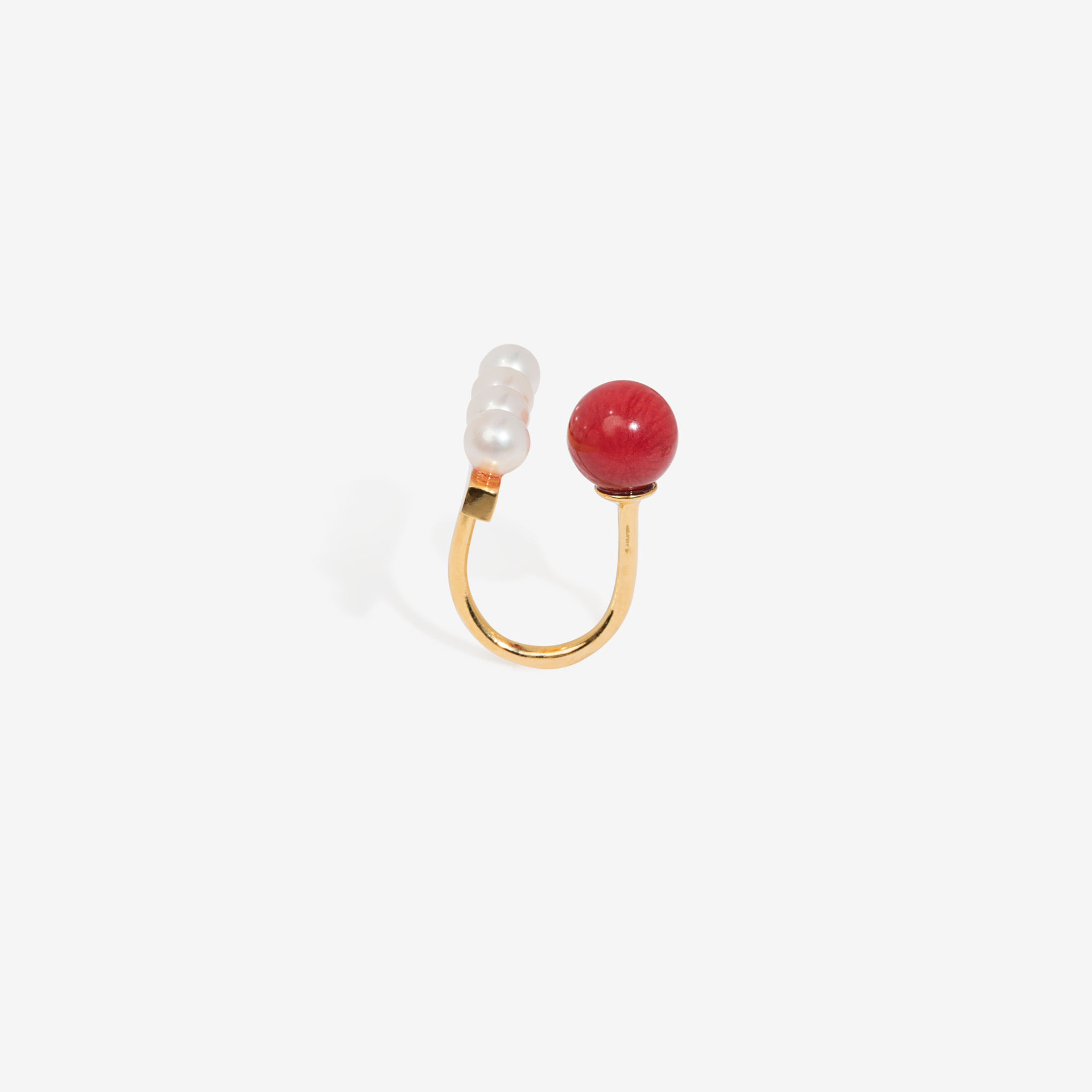 broken square ring with 4 pearls and a coral