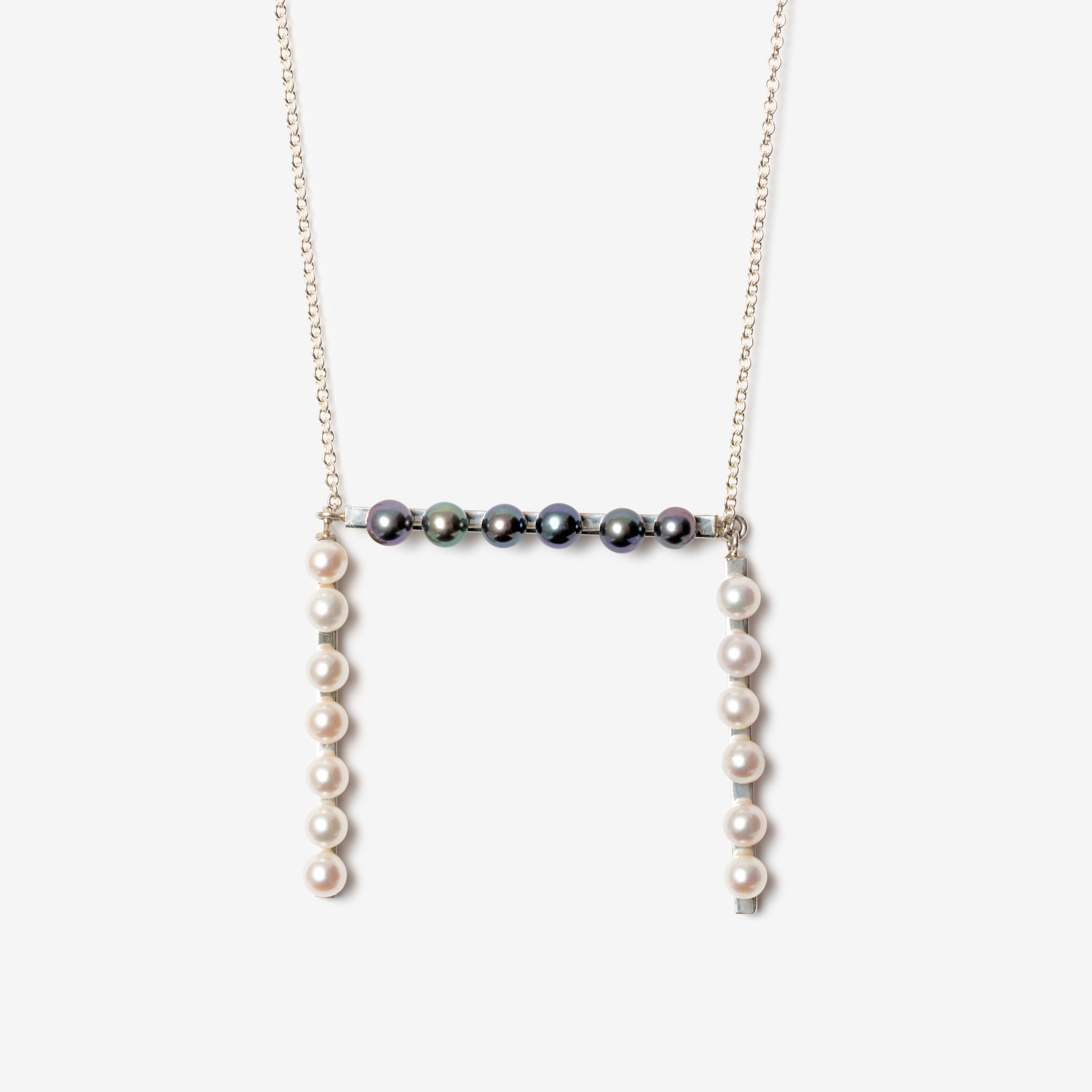 broken square necklace with 3 lines of pearls