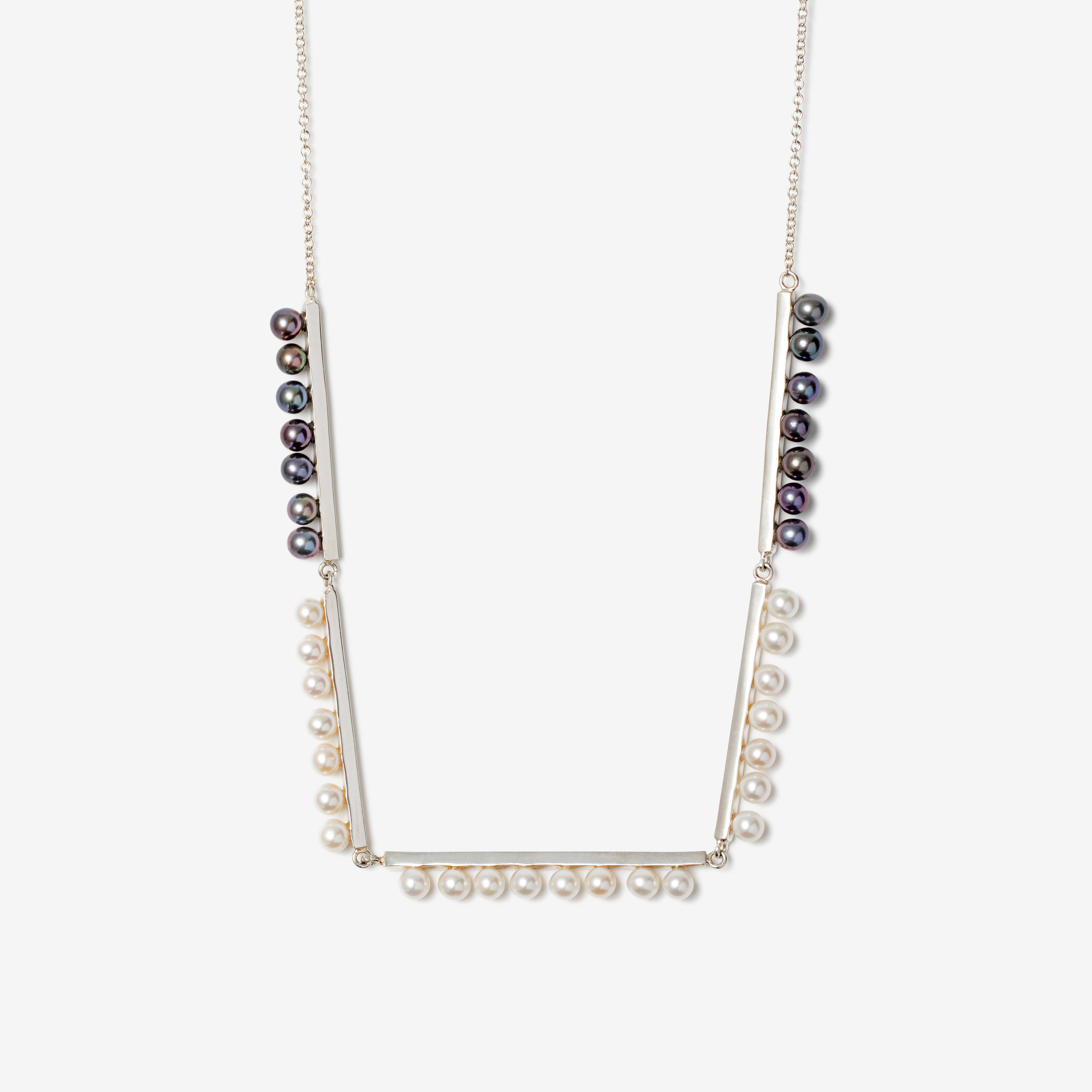 broken square necklace with 5 lines of pearls