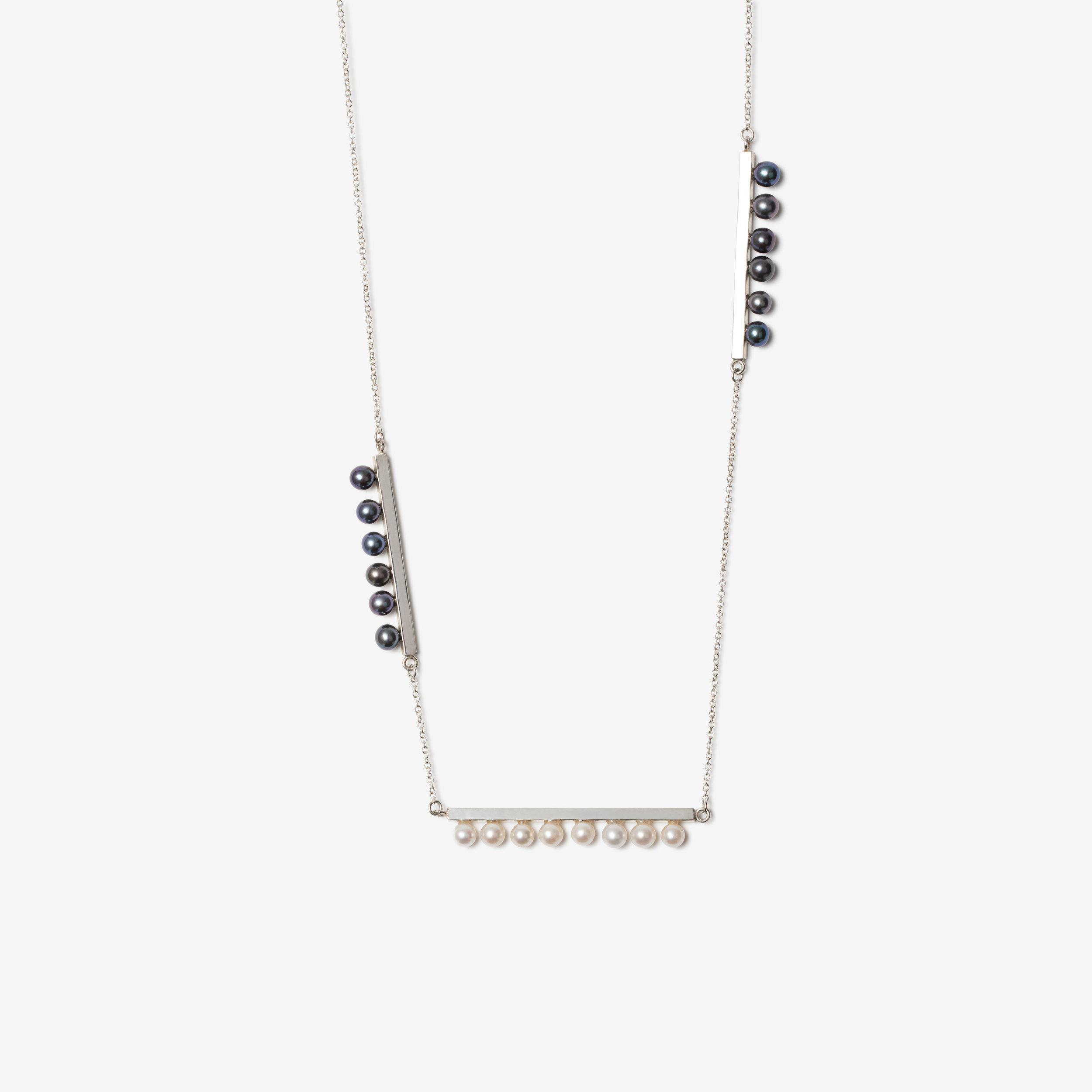 broken square necklace with 3 lines of pearls