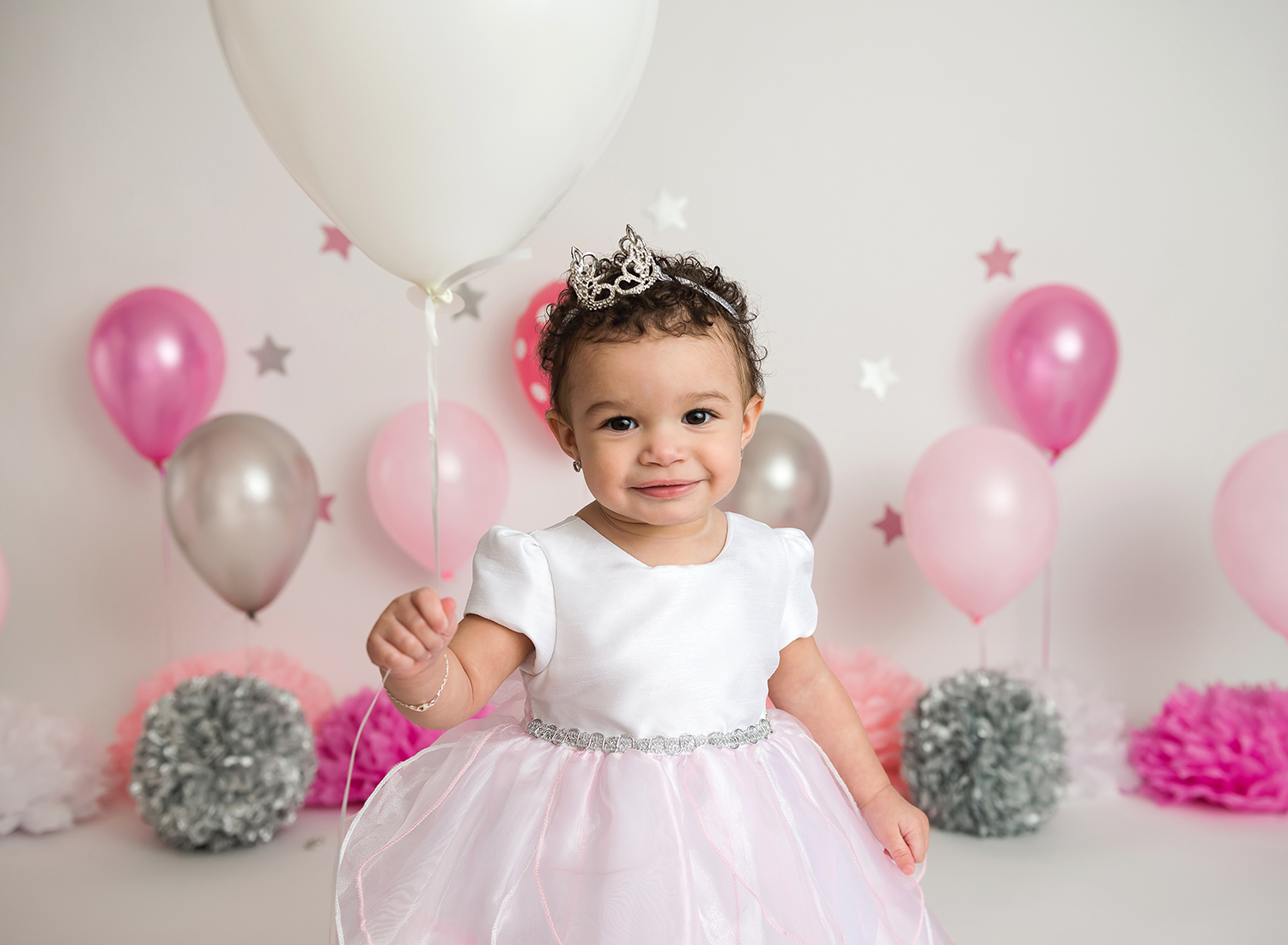 pink silver and white setup with balloons princess baby girl