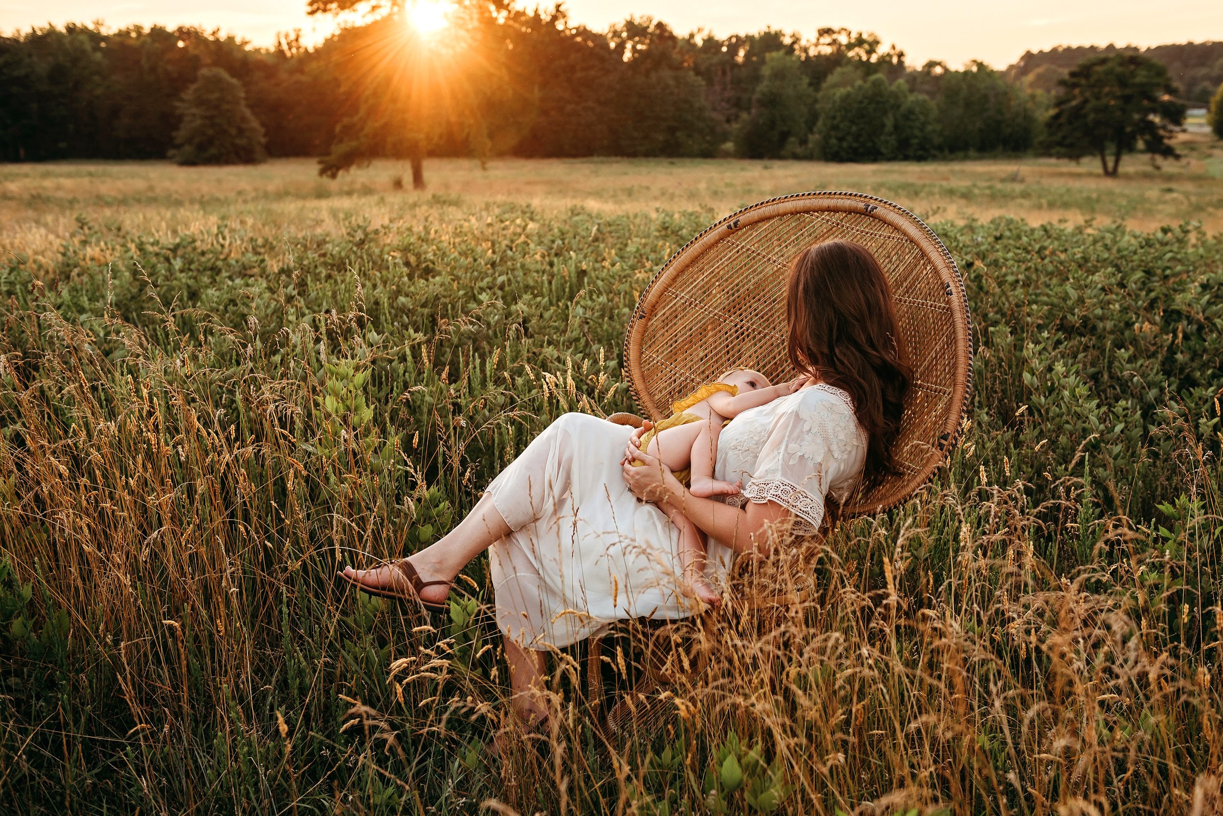 mother breastfeeding baby sitting in peacock chair in field.jpg