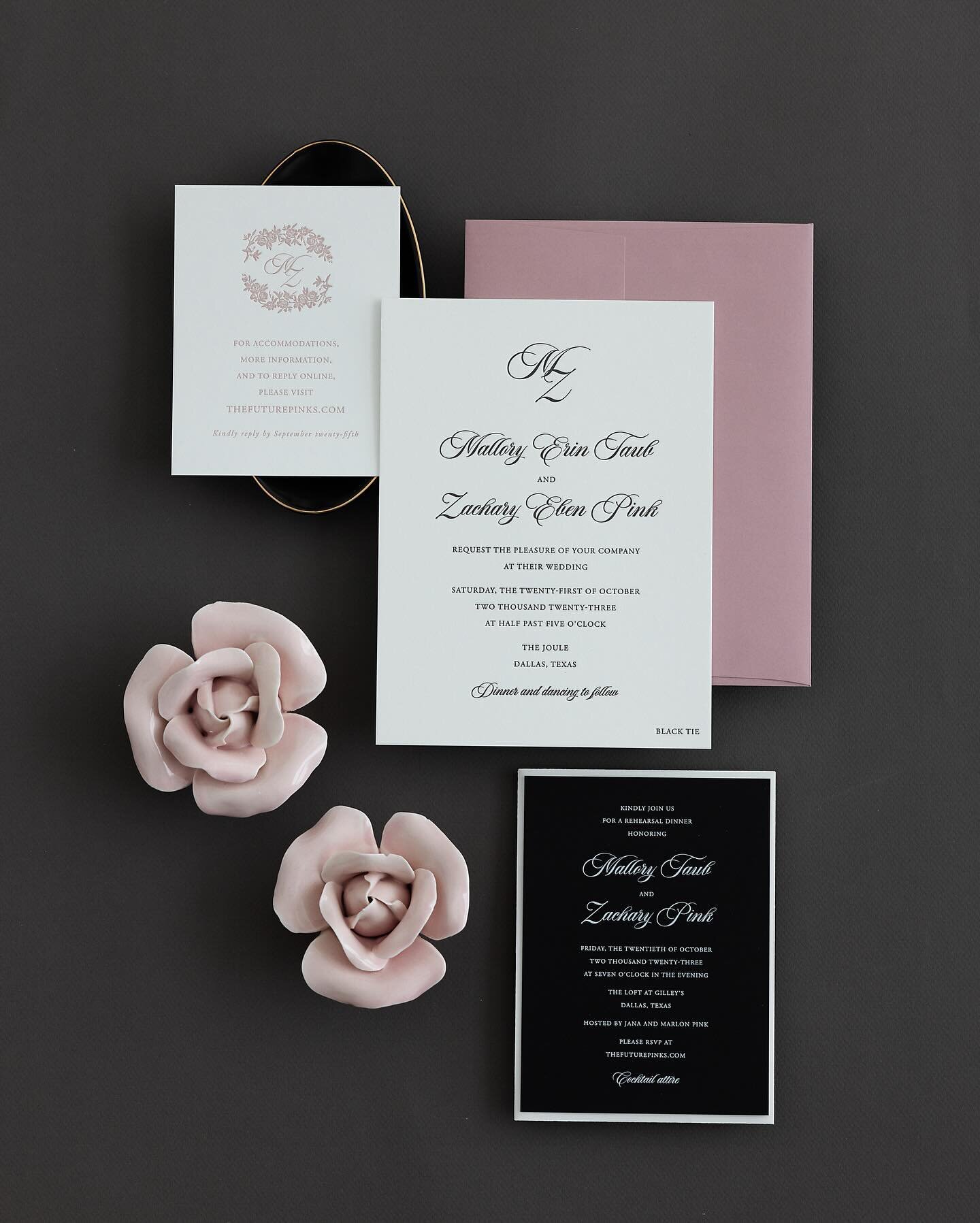 When the Bride Mallory came to us with a beautiful color palette in mind, we collaborated to create this elegant letterpress suite with a rose monogram crest. Can you find what inspired the color palette? Here&rsquo;s a hint: 💕 Styling by @sarahkate