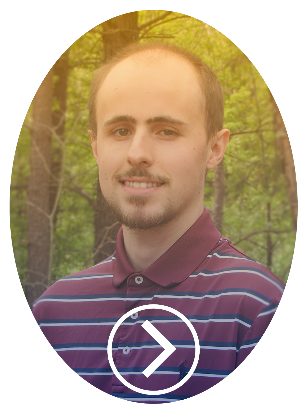 the headshot of a man now changed to gold and blue with an arrow pointed right