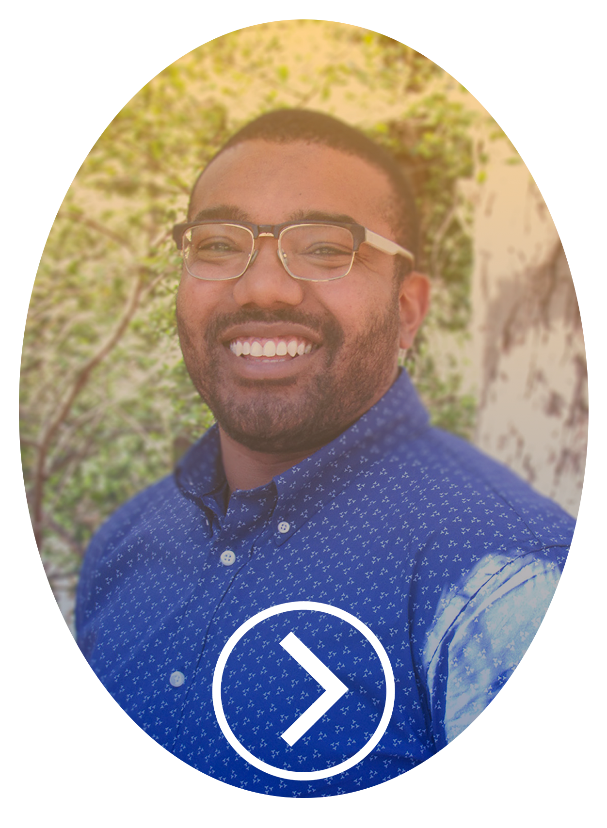 the headshot of a man now changed to gold and blue with an arrow pointed right