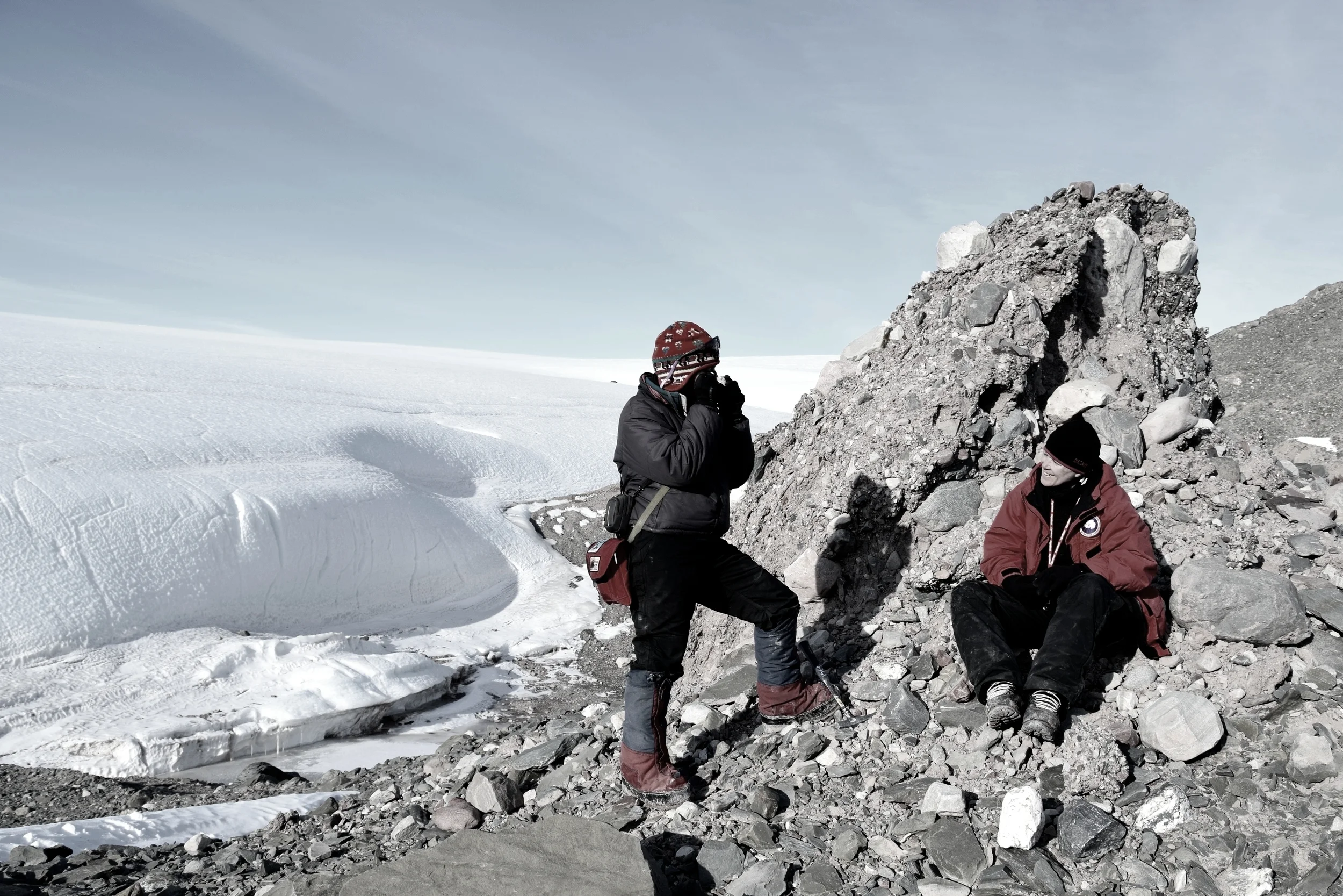 Geologist Sidney Hemming and a colleague from Lamont-Doherty Earth Observatory are shown examining glacial debris along the edge of Antarctica’s Foundation Ice Stream. They’re studying how ice sheets in this area respond to changing climate // photo. Trevor Williams