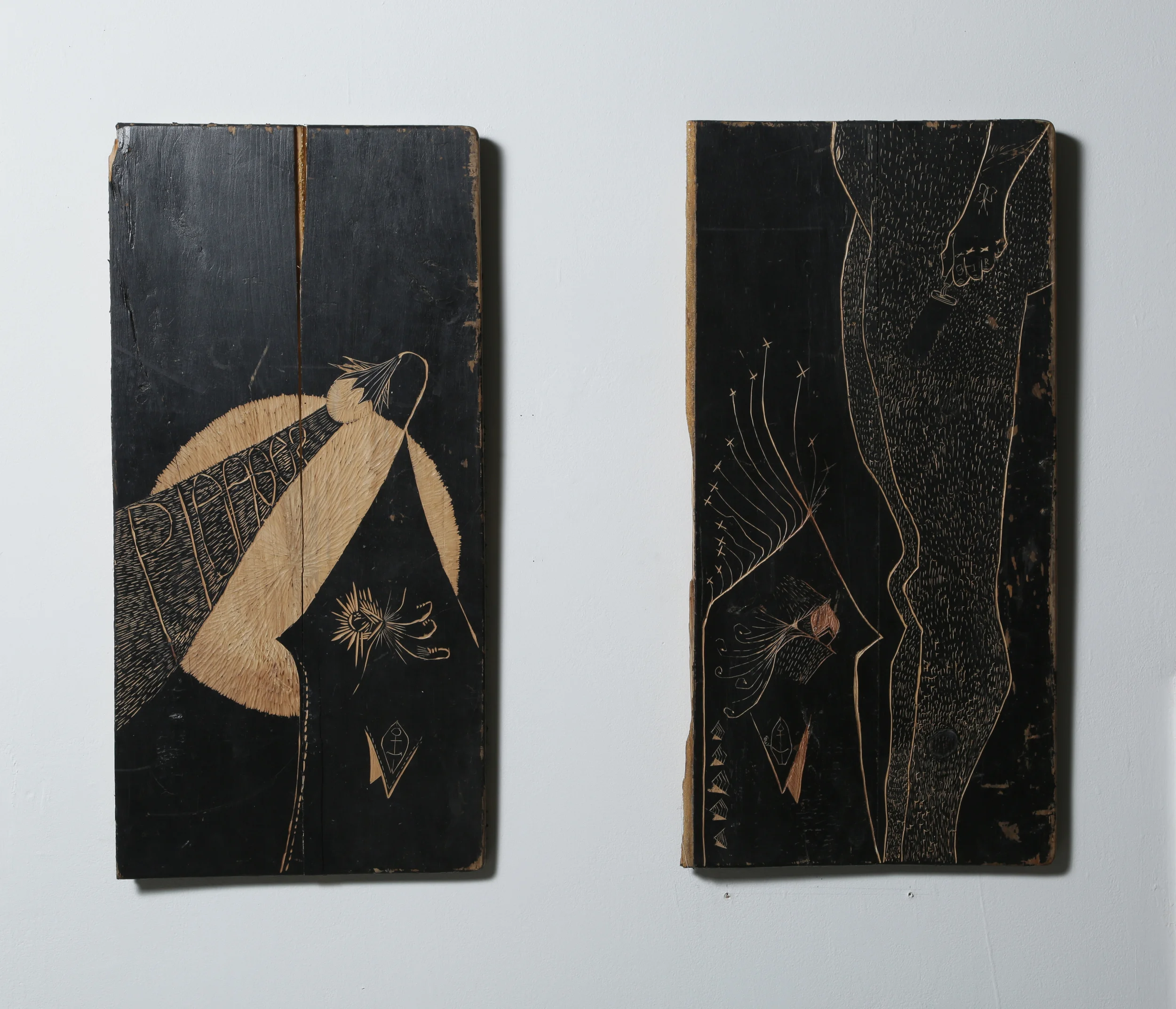   Becoming Human, and our First Encounters   Carved on found wood 
