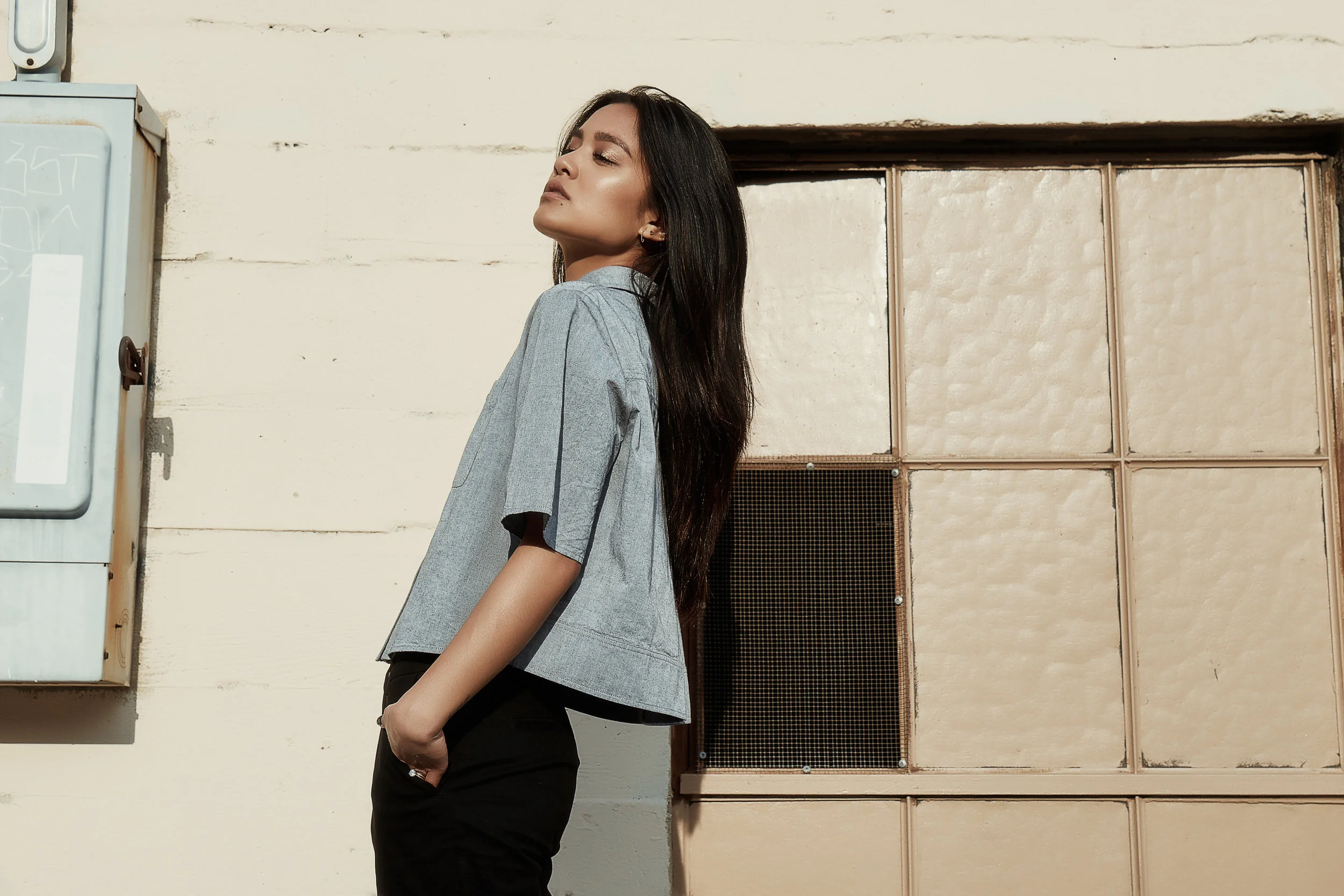  alexander wang shirt | oak + fort trousers | nordstrom tights | gucci slippers | photos by sean martin