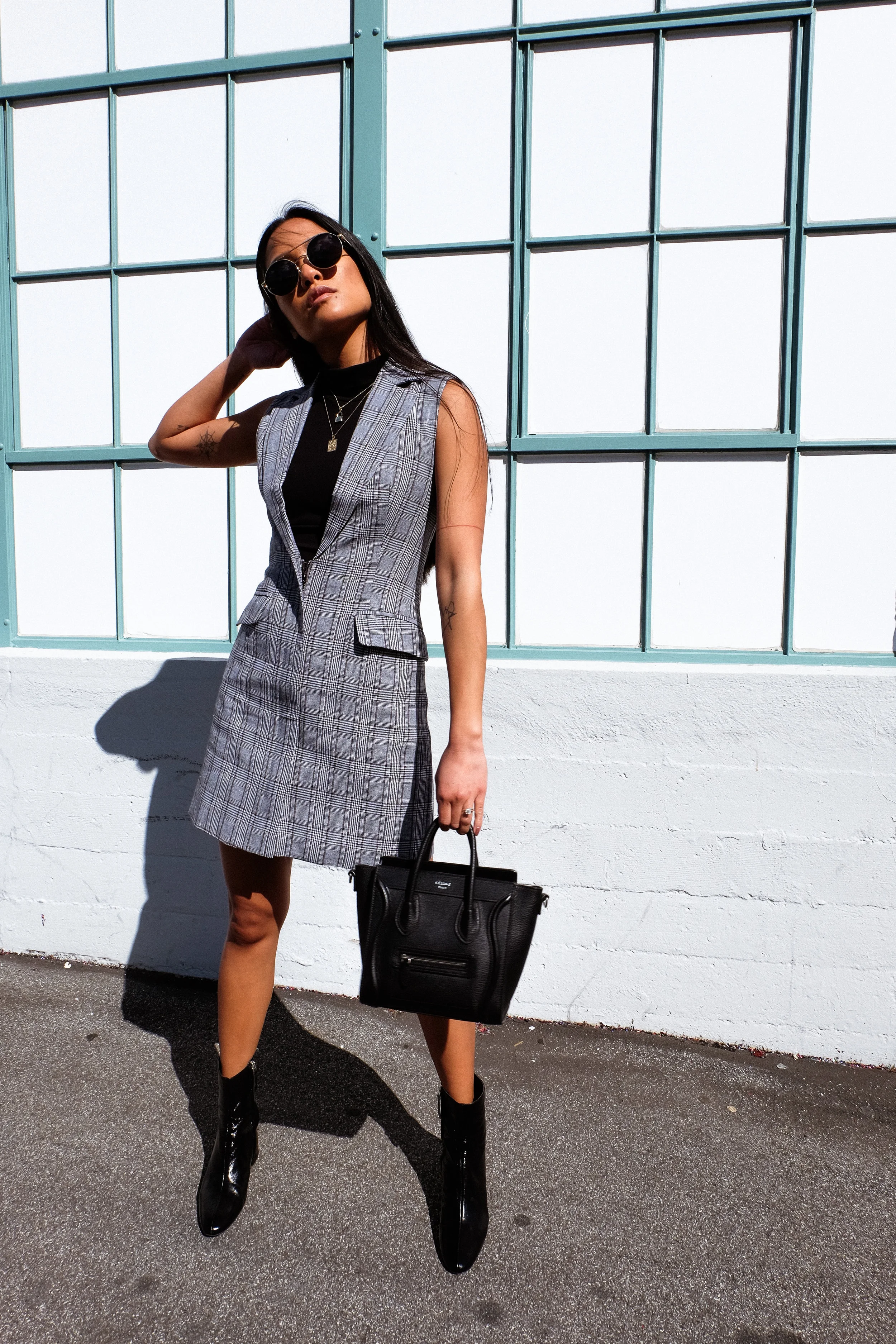 delphine tuxedo dress | zara booties | laval shades | céline bag | adina's jewels & bagatiba necklaces | photos shot by michael alvarado & edited by me