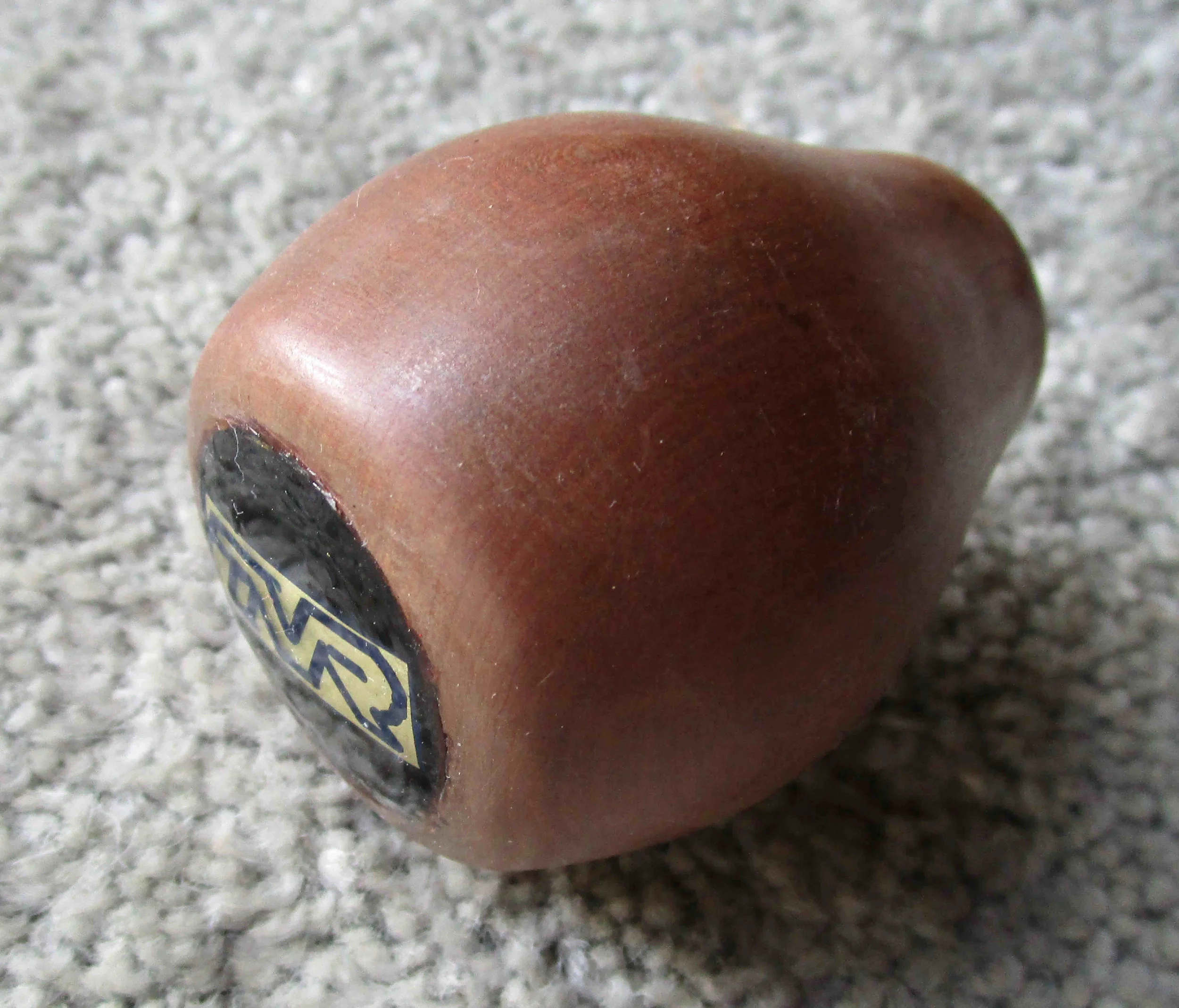 TVR Tasmin gear lever knob. Turned Rimu knob, brass milled badge, stainless barrel nut insert. 