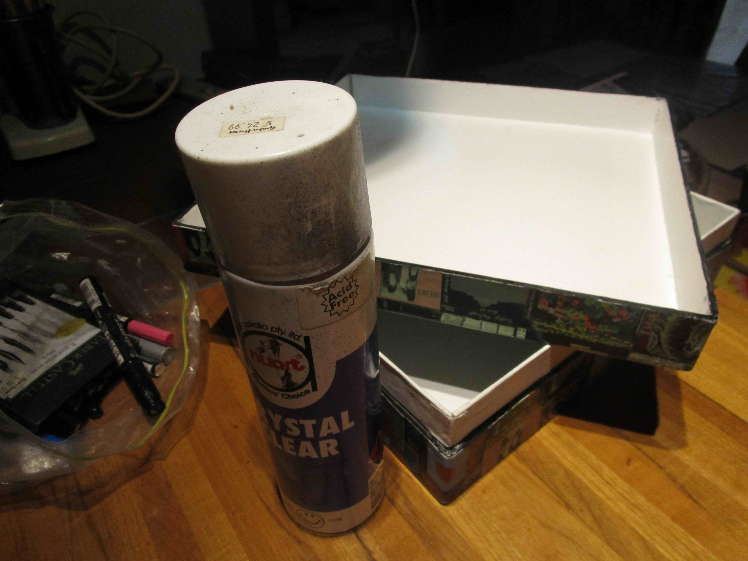 Preferably next day, seal box with painting and photo acid free gloss varnish. Several light coats to desired finish.&nbsp;Any small blemishes can be repaired using oil pens of the correct colour, or blended in situ before varnishing. Apply in a well ventilated, and use a face mask.