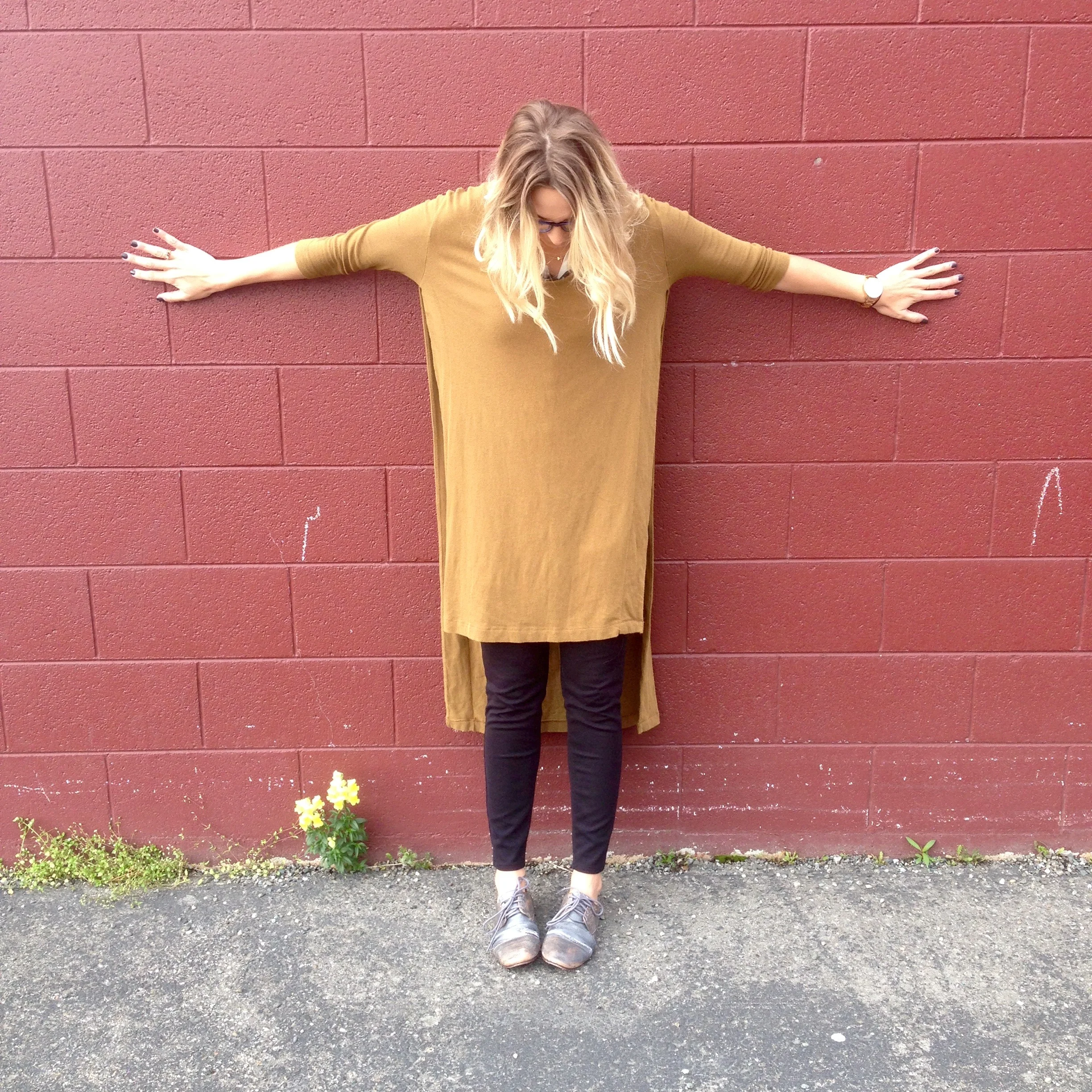 Look Two: Free People sweater | H&M blouse | Forever 21 beaded necklace | Gifted gold heart necklace | BedStu shoes | Daisy Fuentes leggings | Eco recycled glasses