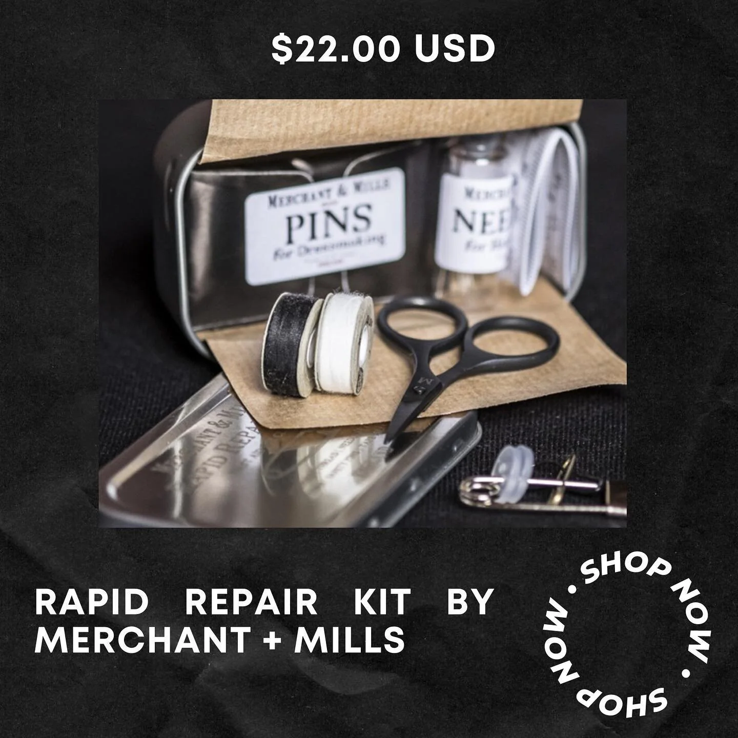 🪡 RAPID REPAIR KIT by Merchant + Mills 🧵

*NOW AVAILABLE* $22.00+ $3.00 Shipping = $25.00 💌 DM with e-mail + shipping address for INVOICE to reserve! 🧾❤️

First Aid for Clothes! In a beautiful etched silver tin. 

KIT CONTENTS: 

Black thread bob