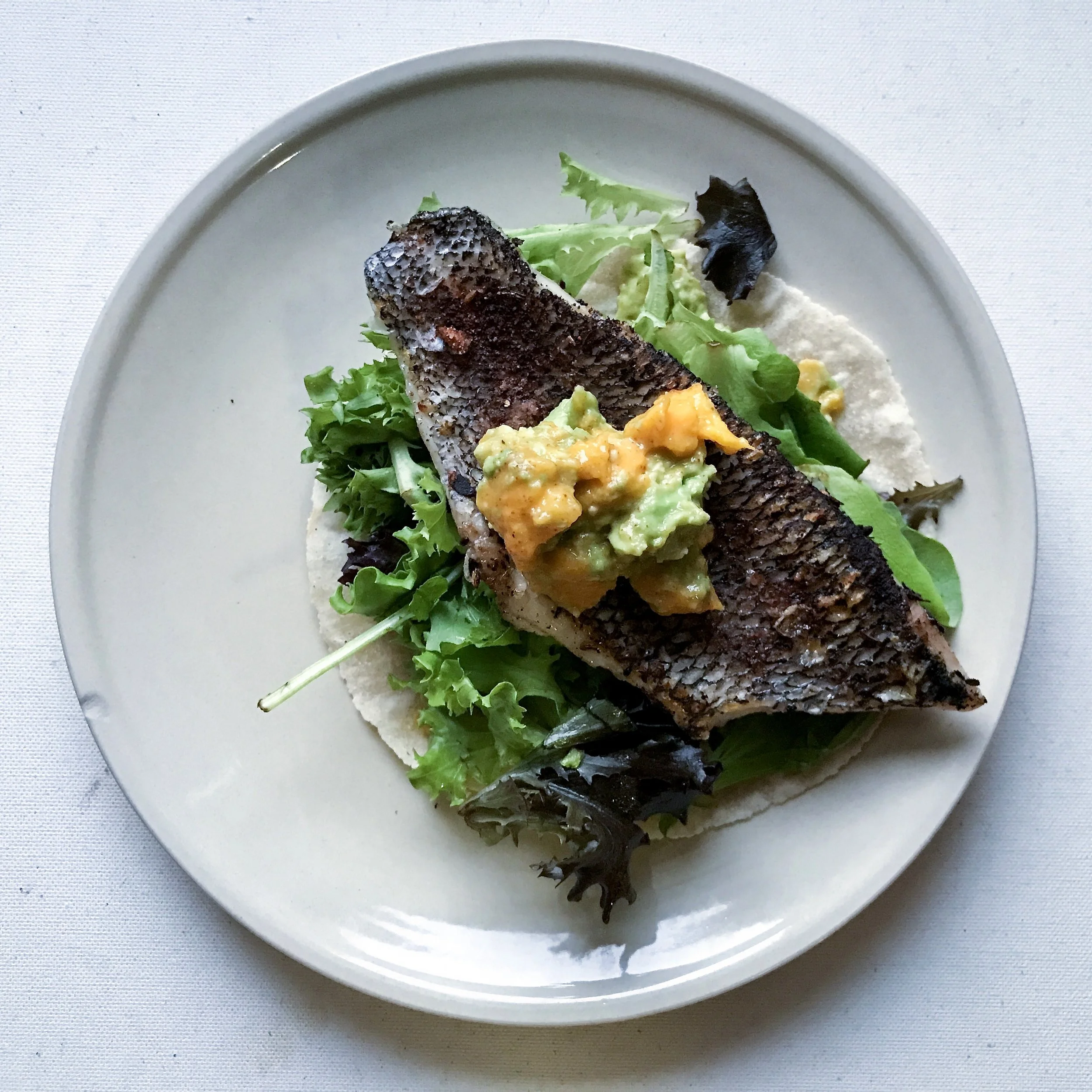 black sea bass taco with mango guacamole