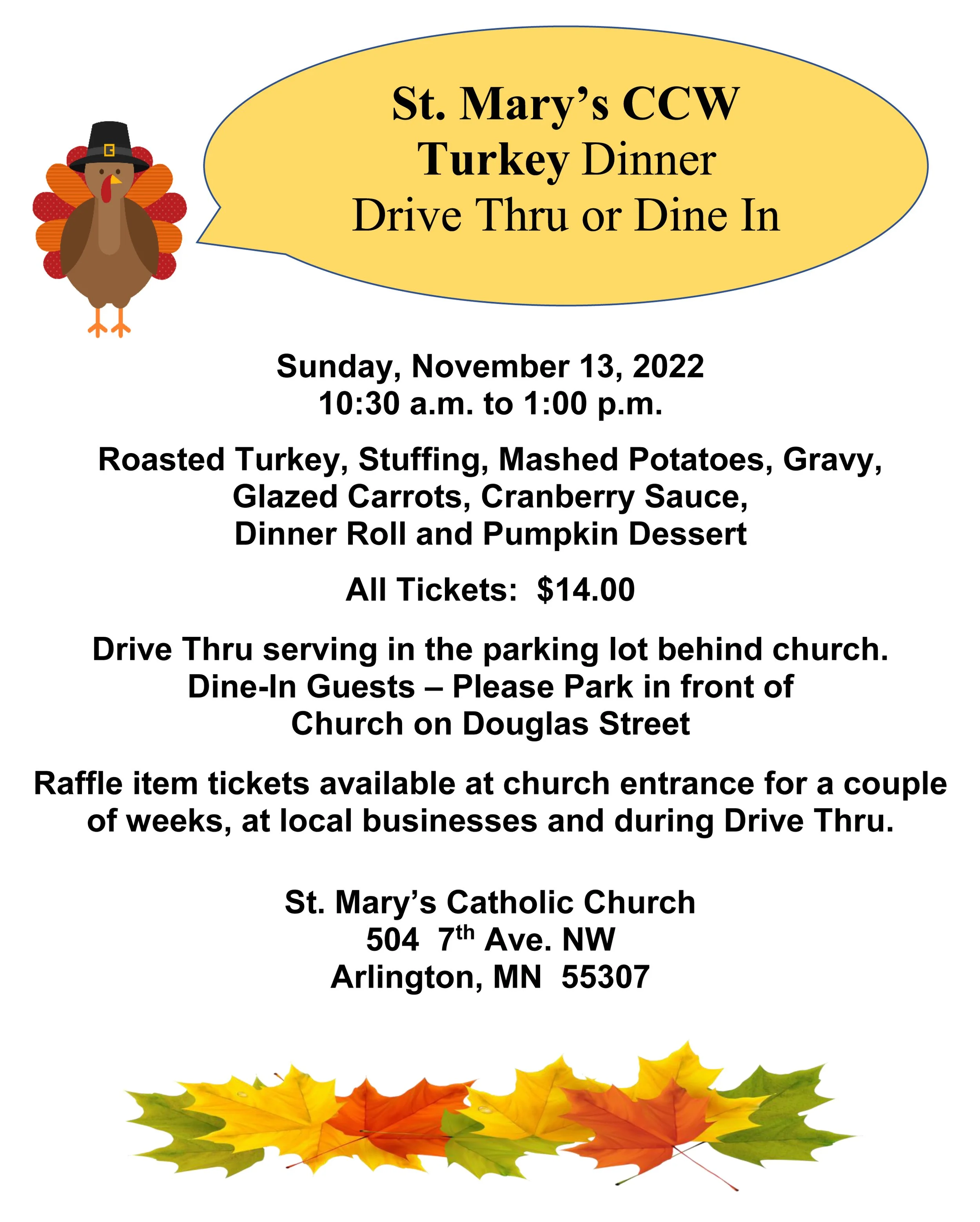 Turkey Dinner Drive Thru or Dine In St. Mary, Arlington — Diocese of New Ulm