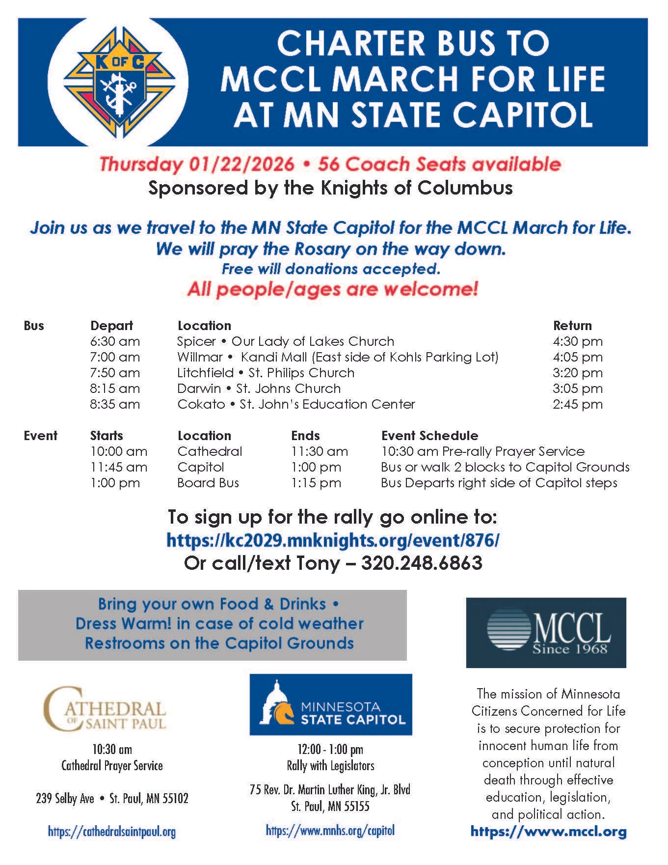 MCCL March for Life + Prayer Service - Knights of Columbus Bus
