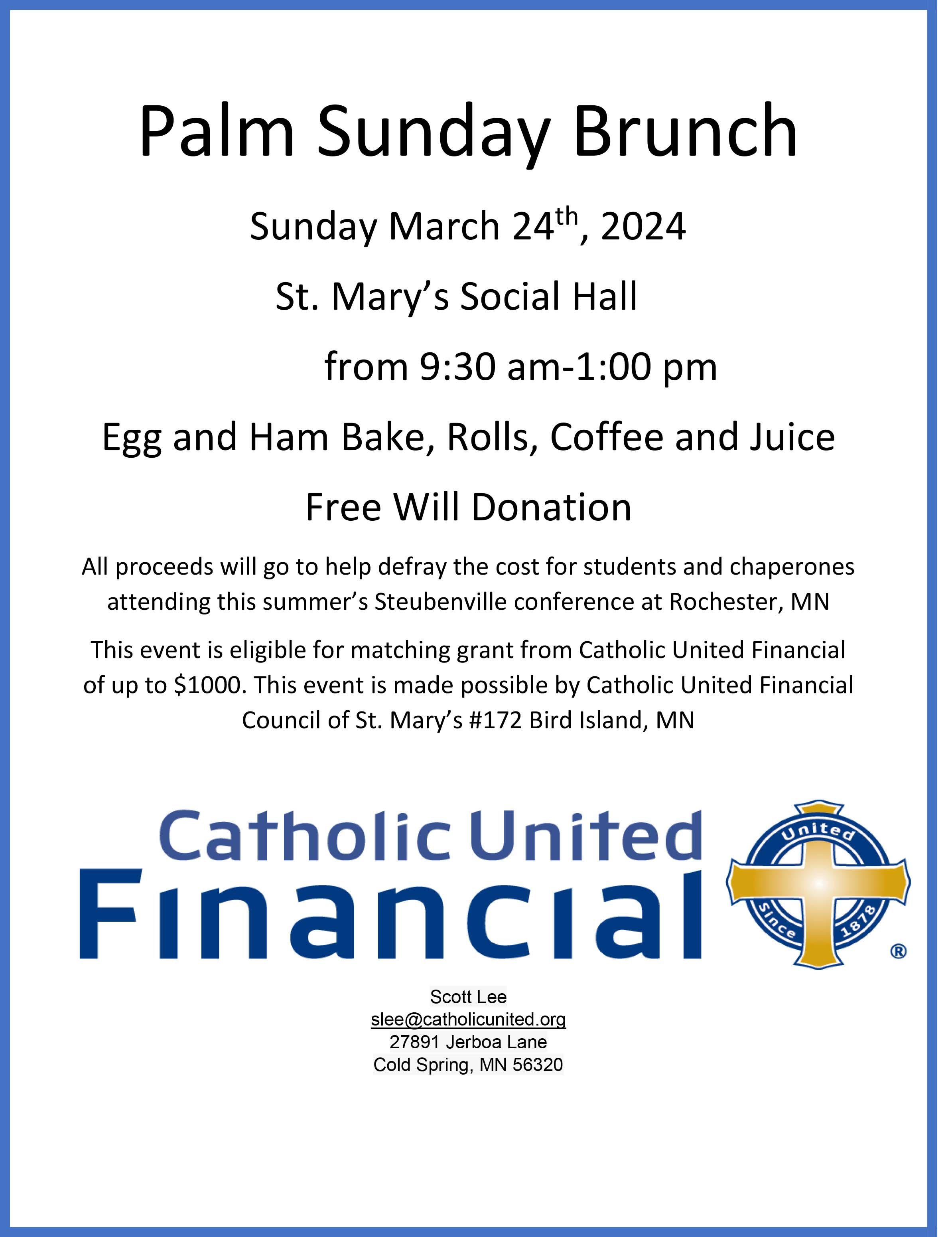 RESCHEDULED Palm Sunday Brunch - Church of St. Mary, Bird Island CUF Matching Grant