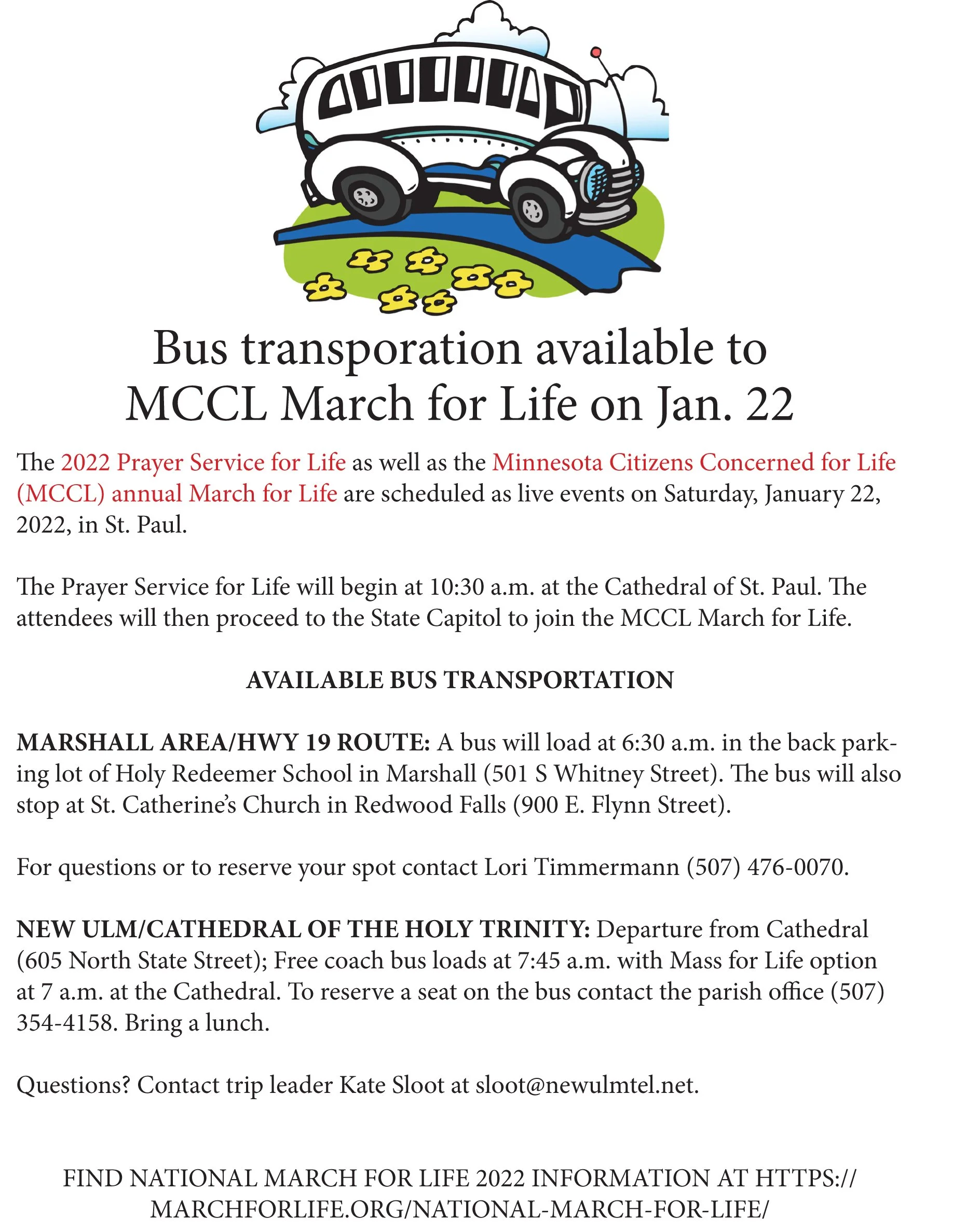 March For Life Bus Transportation Options - Marshall Area - New Ulm Area —  Diocese Of New Ulm