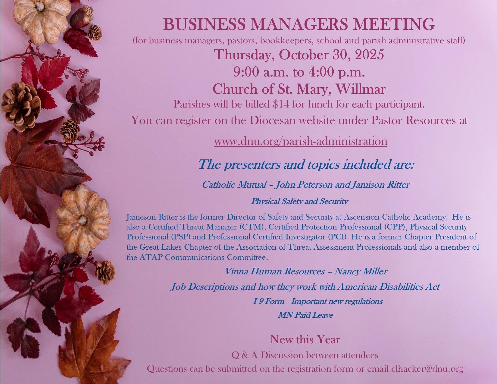 Ninth Annual Parish Business Managers Meeting