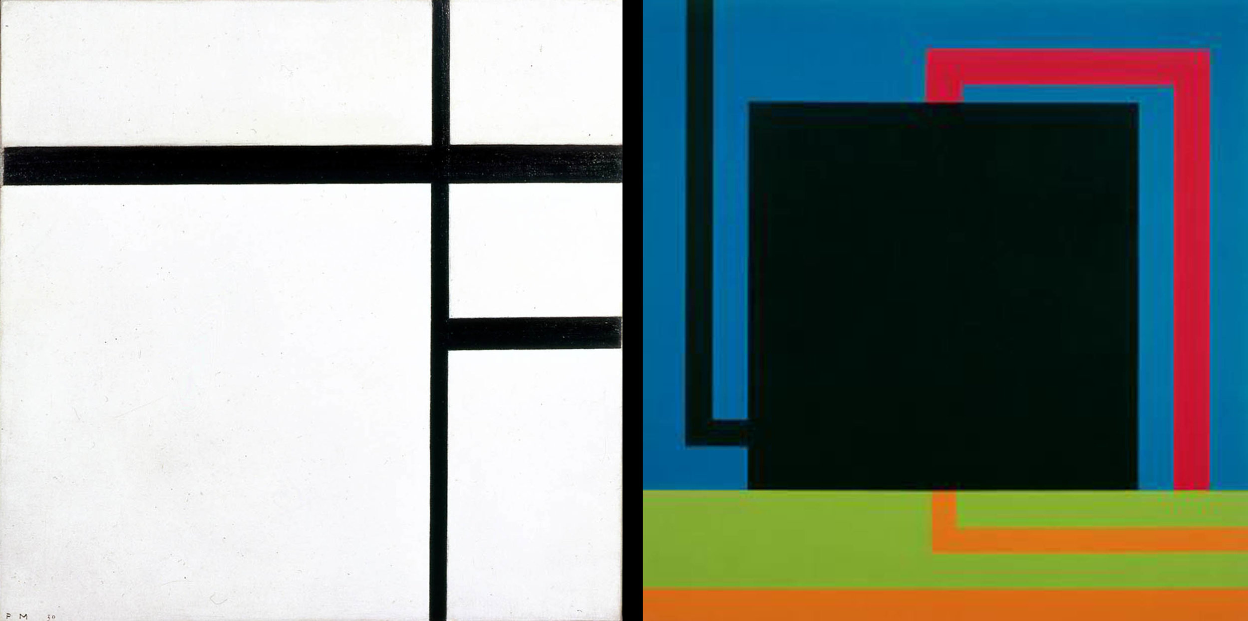 Piet Mondrian Composition No. II 1930 Oil on Canvas 50.5 x 50.5 cm Collection Van Abbemuseum Peter Halley Collision Circuit 1989-90 Day-glo acrylic, acrylic and Roll-a-Tex on canvas 97 3/4 x 95 in. (248.29 x 241.3 cm) The Broad Museum