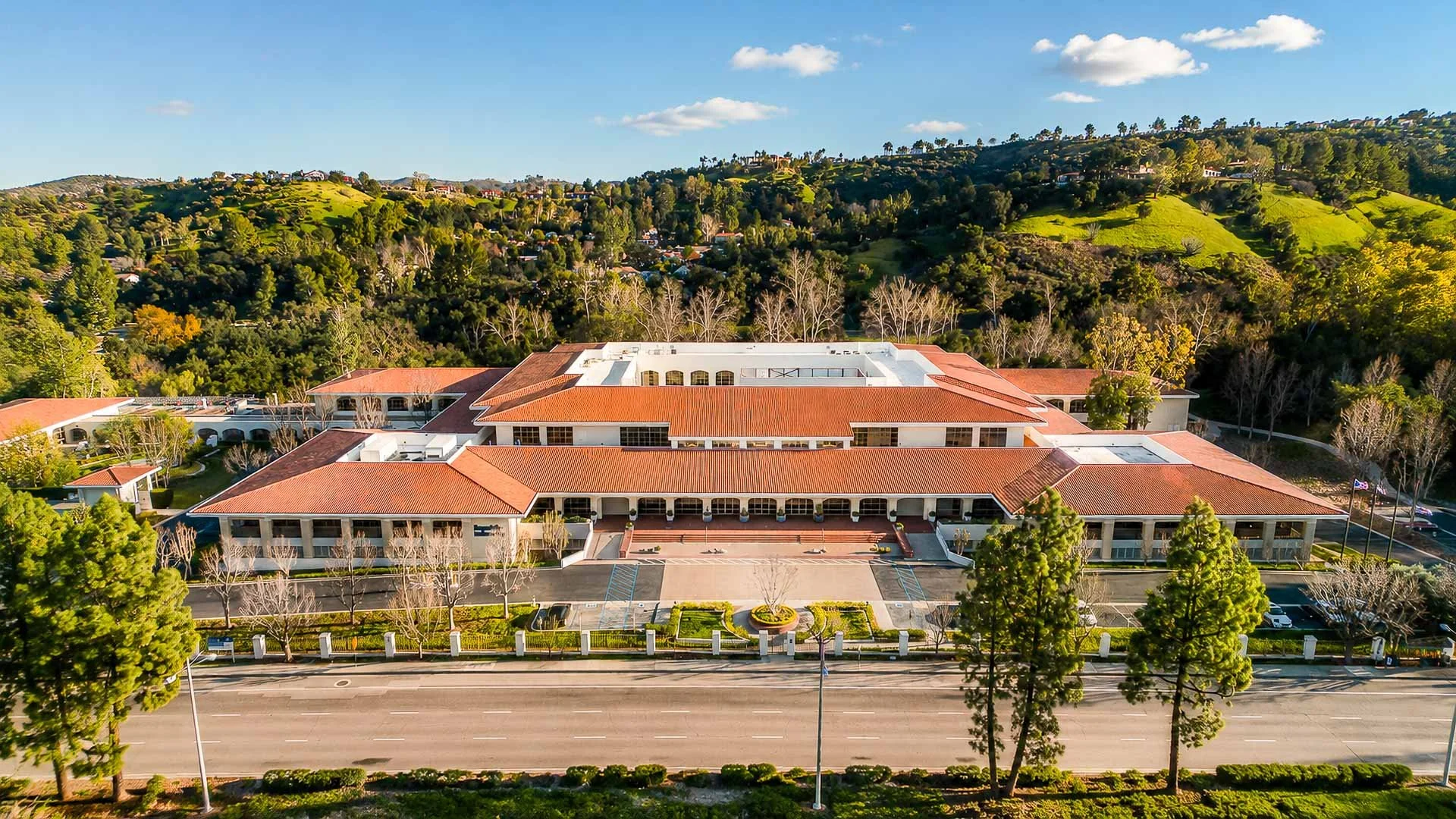 Aerial view of The Park Calabasas office campus surrounded by the Calabasas hills.