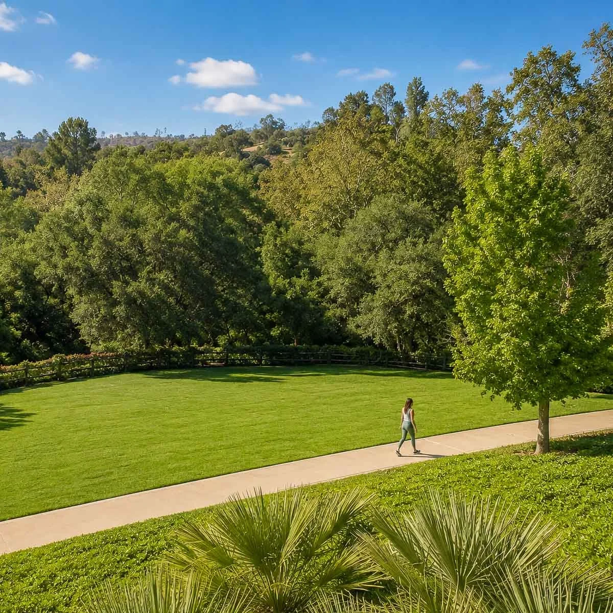 A person walking along a landscaped path beside the lawn at The Park Calabasas.