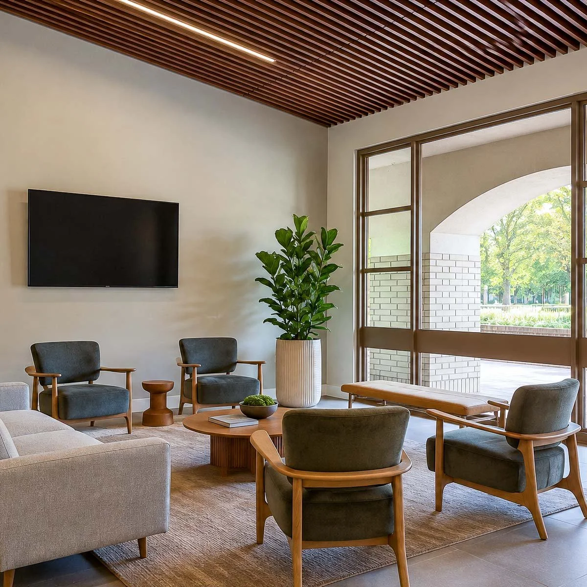 Tenant lounge with modern seating and natural light at The Park Calabasas.