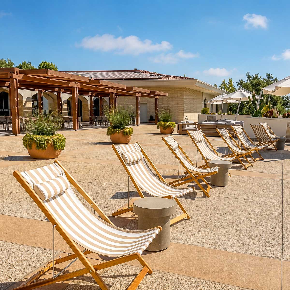 Outdoor lounge chairs and terrace seating at The Park Calabasas.