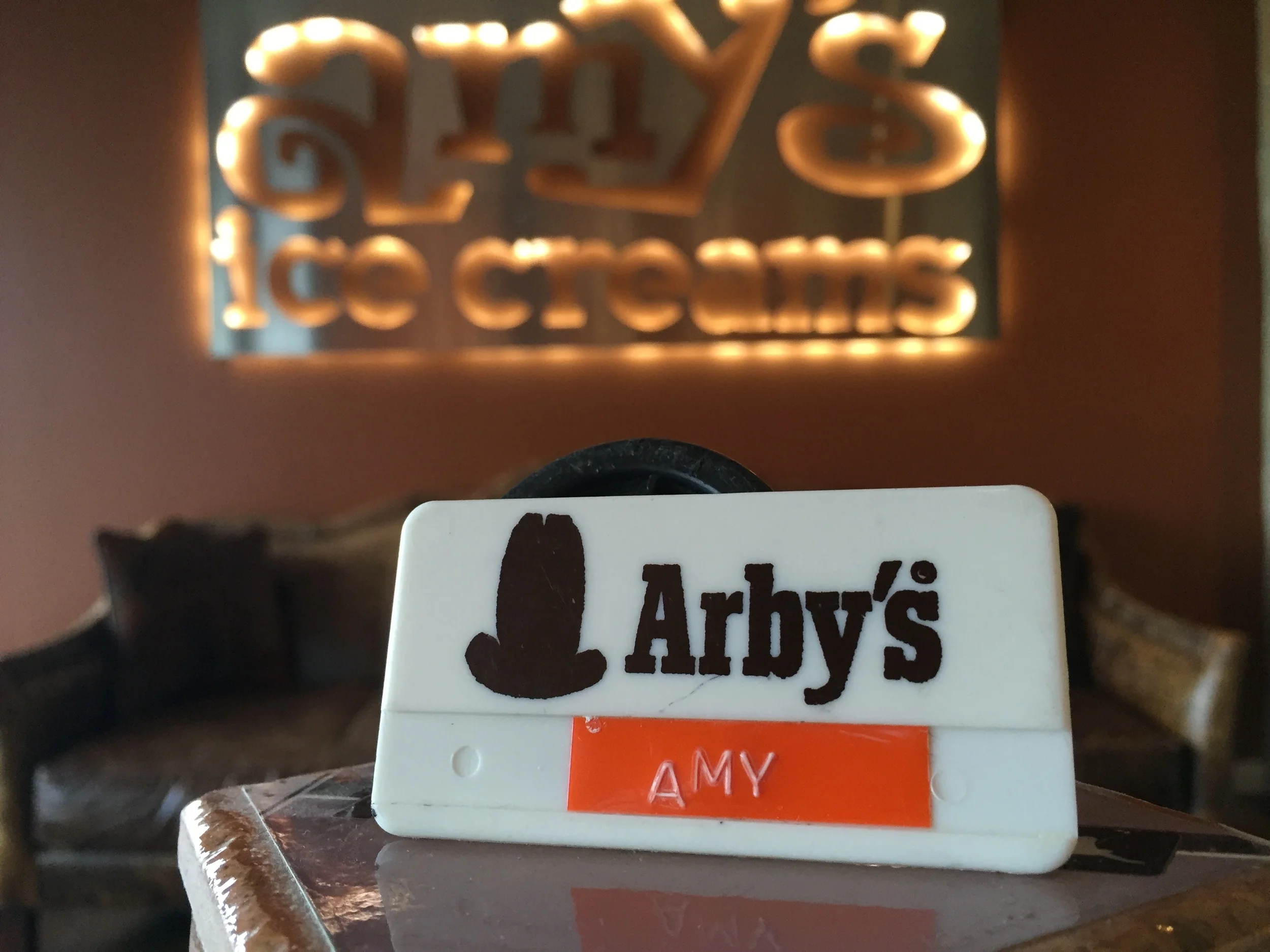 Amy's old name tag from her first job at Arby's