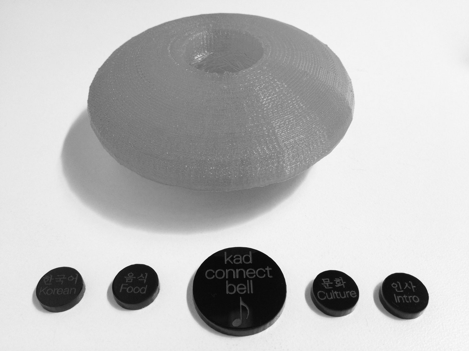 Laser-cut buttons show topics ranging from immediate questions to individual histories.
