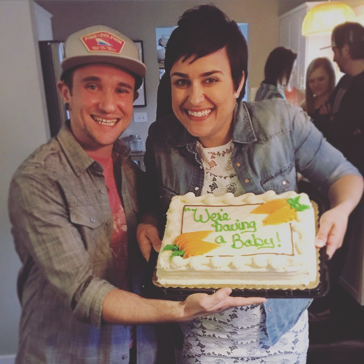 Announcing our pregnancy at about 13 weeks, at our housewarming party for the home we recently bought. 