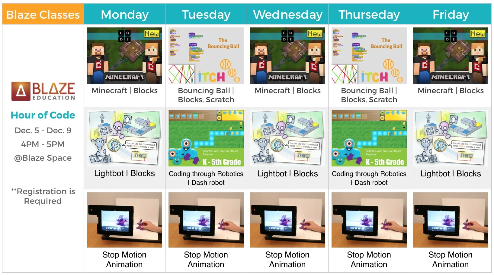 Calendar during Blaze computer Science Week