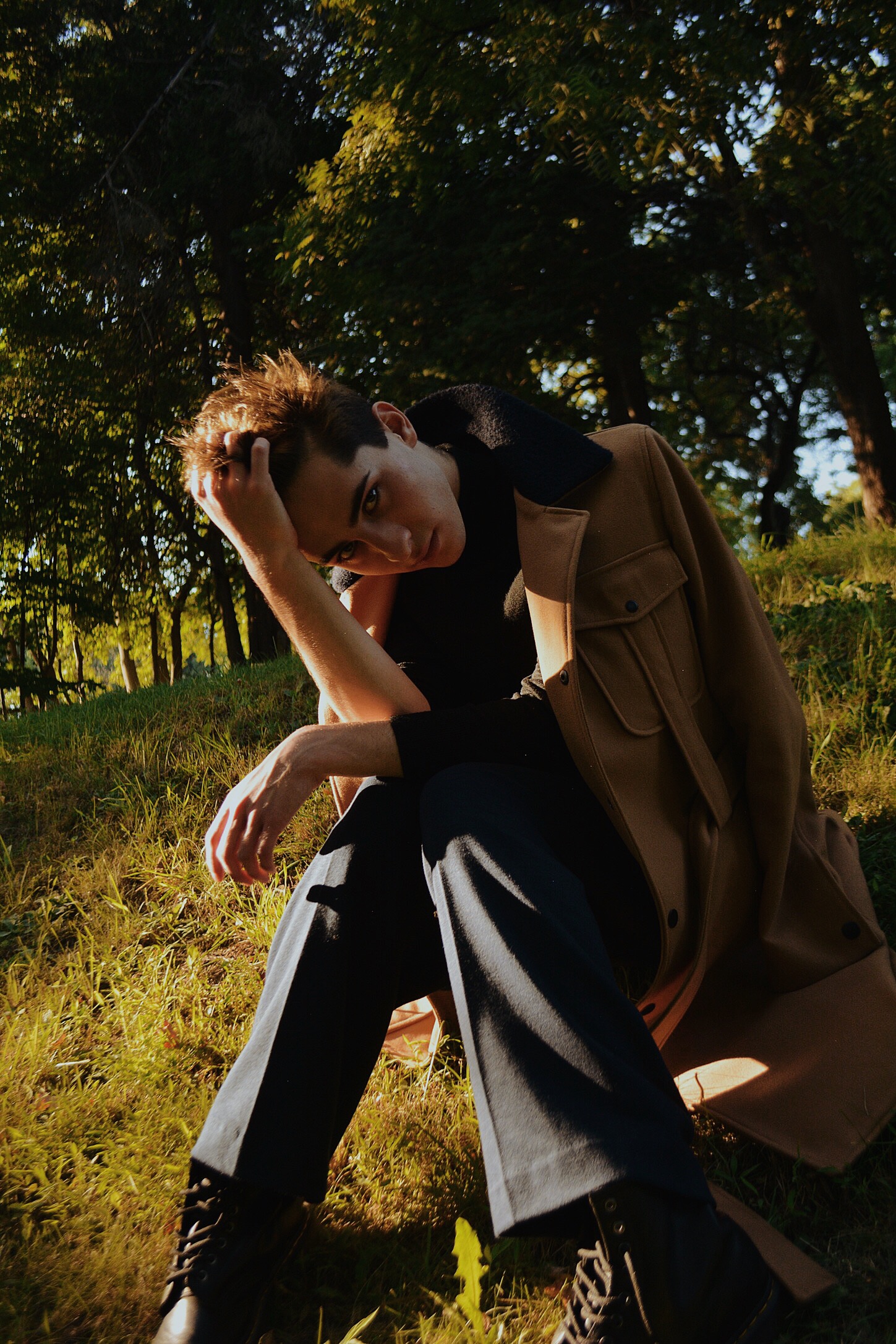 Carlos Campos coat worn with navy blue wide dress pants from ASOS, Dr. Martens, and a basic Black turtleneck.