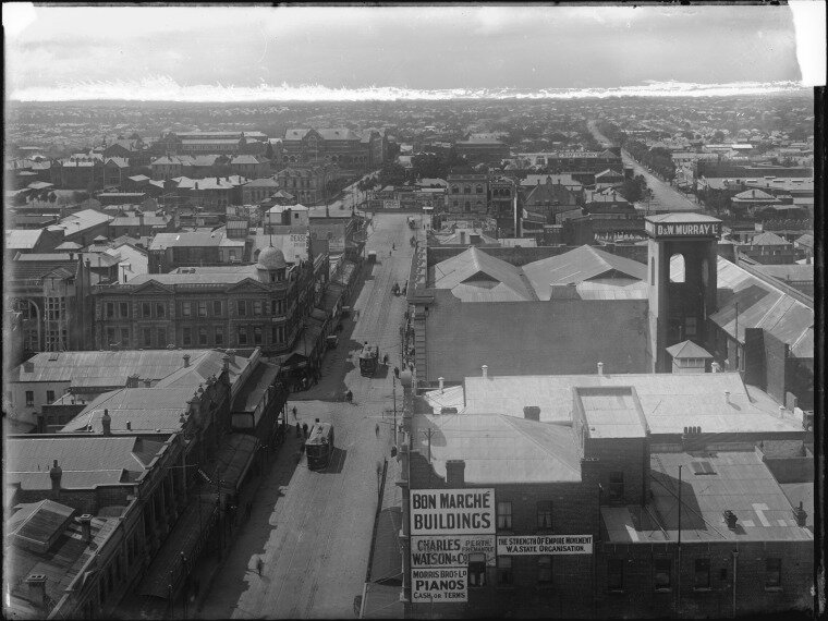  BARRACK STREET FROM TOWN HALL, EMPIRE BUILDINGS AT CENTRE LEFT, 1923  Image courtesy of State Library of Western Australia: 010156PD 