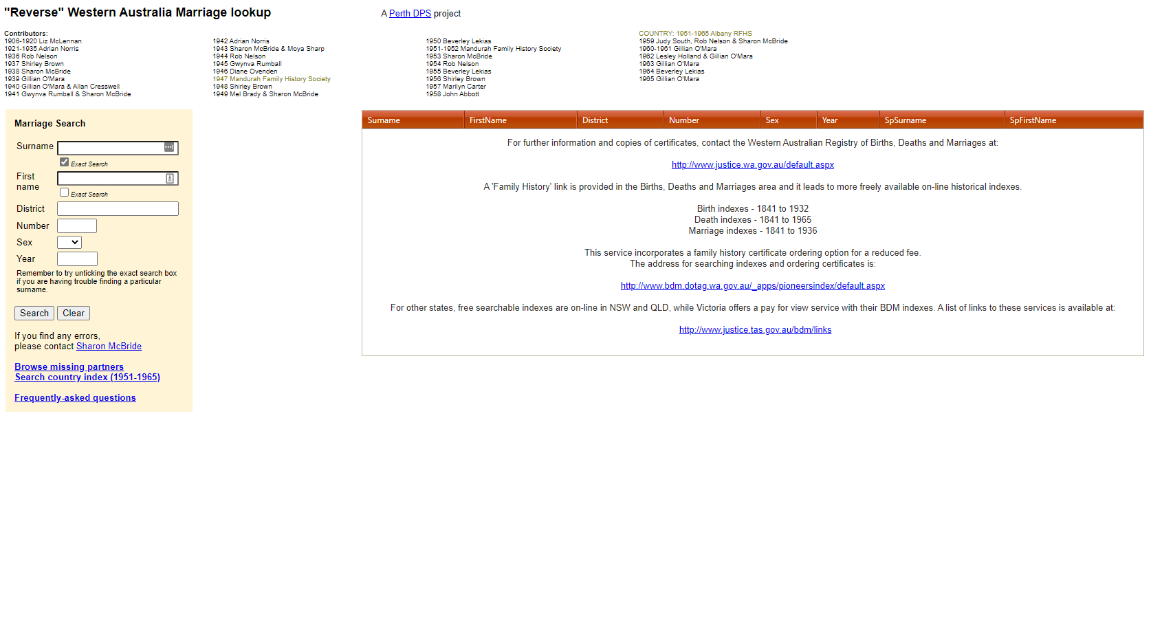 Reverse Marriage Index (for WA marriages from 1906-1965)