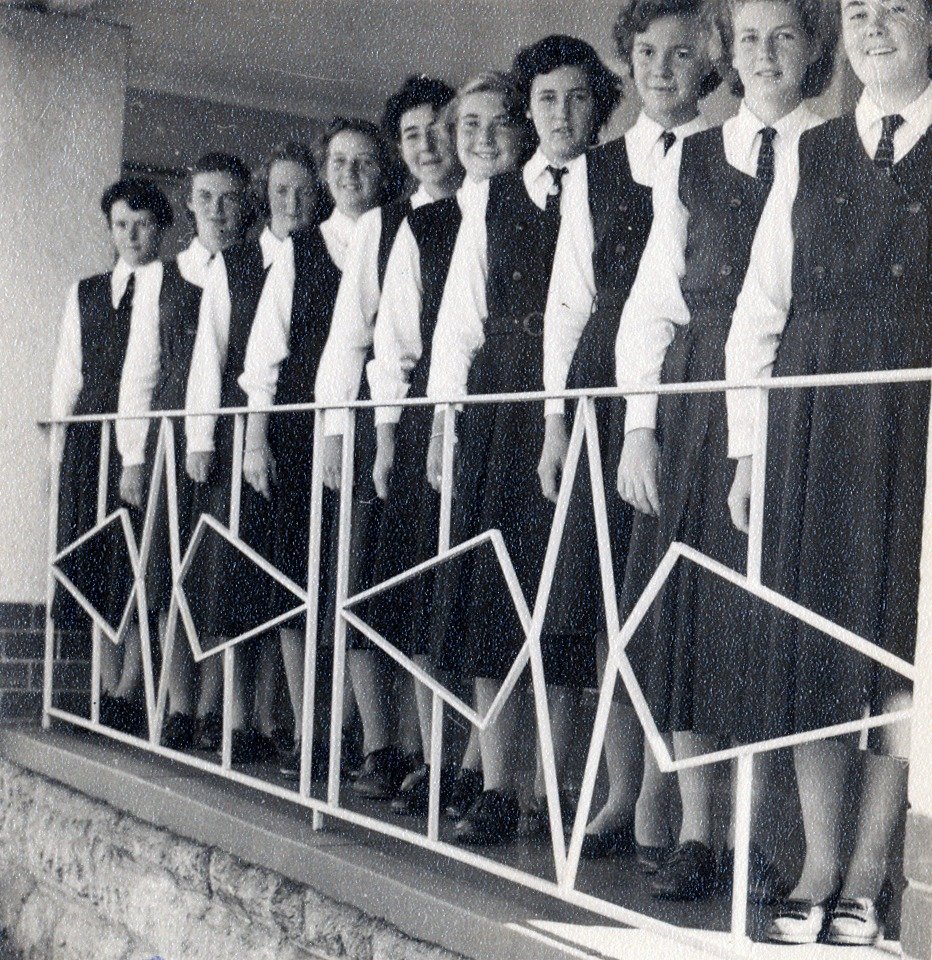  1953 - Brigidine students on the front veranda of 14 Salvado Road, Wembley L-R: Bernadette McCabe, Margaret Dwyer, Teresa Boylan, Margaret Jermy, Eileen O’Sulivan, Cath Chesson, Francine Fordham, Pam Van Rieken, Dorothea Hickey, Cath Cranley. 