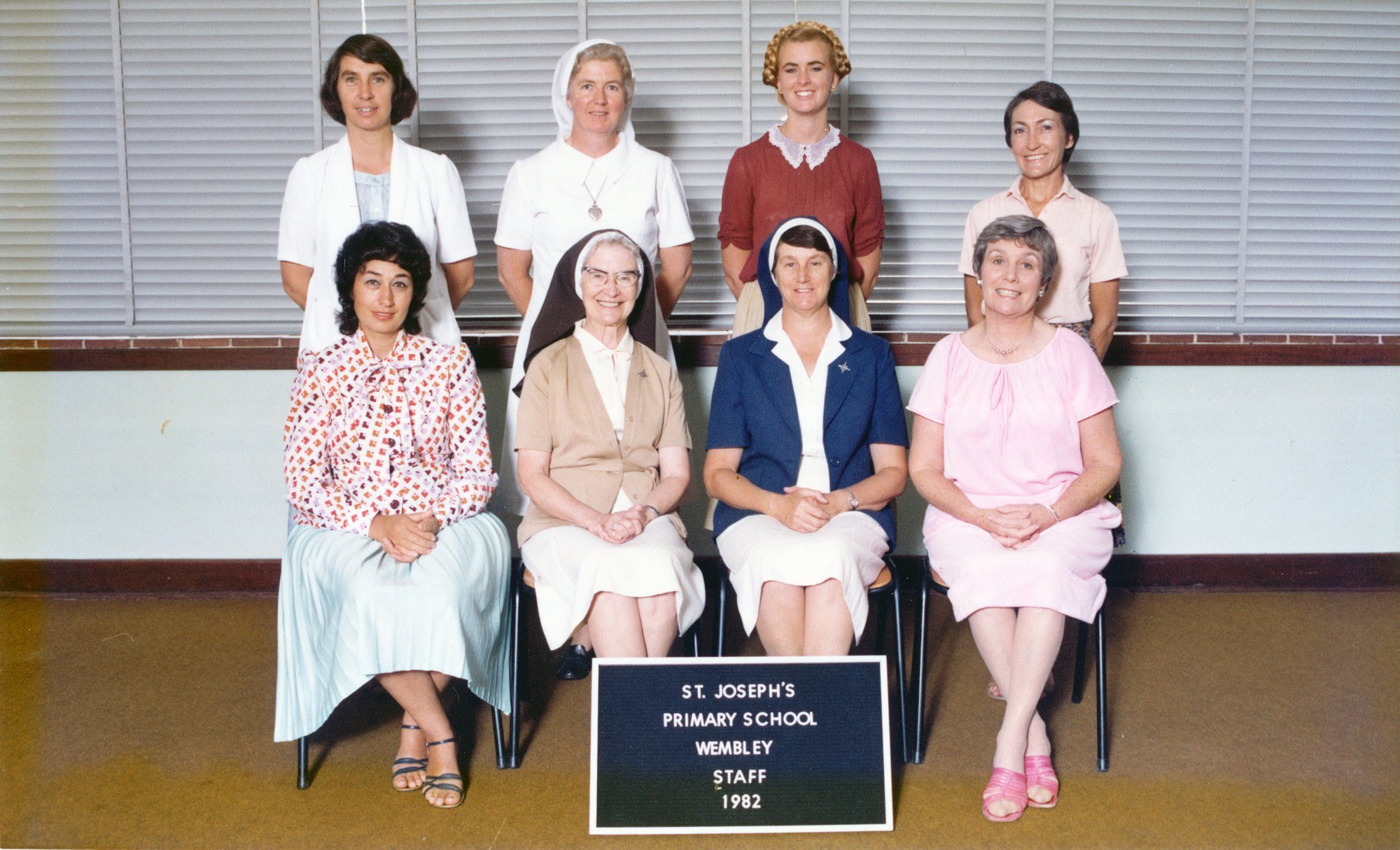 1982 - St Joseph’s Primary School Staff photo Back L-R: Wendy Lloyd, Sister Dorothea Hickey, Josephine Connolly, Marion Prentice. Front: Unknown, Sister Jean Linklater, Sister Bernice Tonkin, Carmel Hynes. 