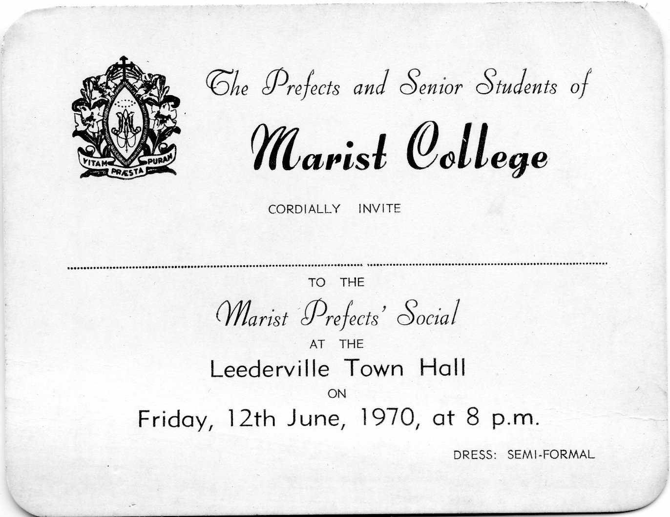 Marist College invitation to the Prefects’ Social at the Leederville Town Hall, 1970.