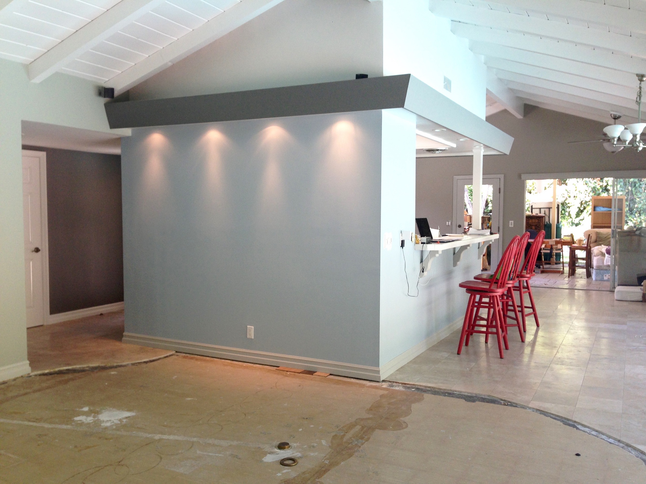 Top to Bottom on Kitchen: Farrow & Ball Cornforth White , Mole's Breath , Parma Gray . Far right: Hardwick White Left: Blue Gray