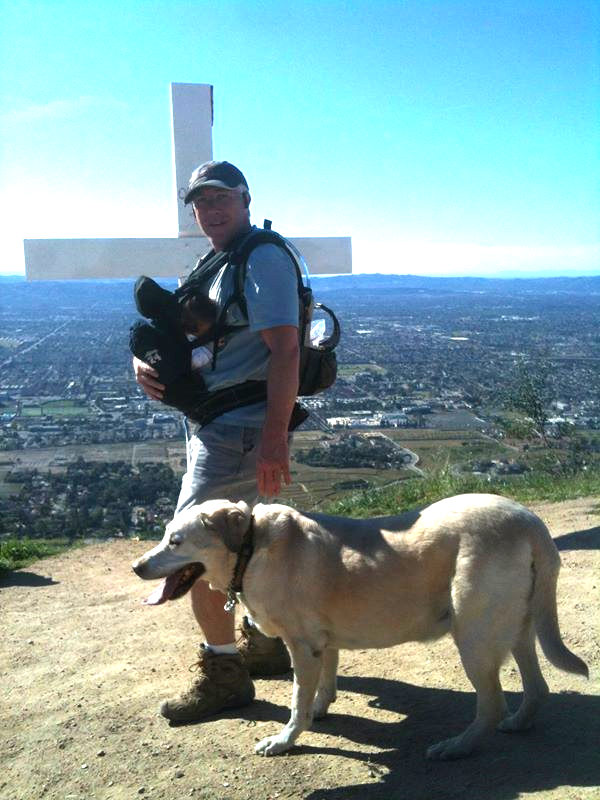 Kyan, 10 weeks old, Father and Son on their own for the first time, ity bity, asleep most of the way up Garcia Trail, Azusa, California.