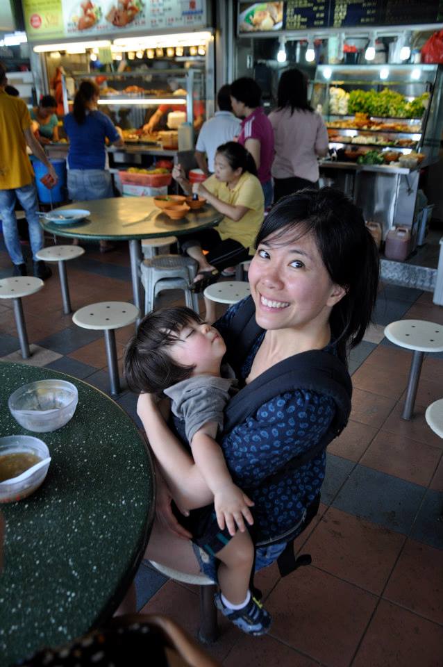 Singapore, Bedok MRT Hawker Center, eating lunch while Kyan naps.