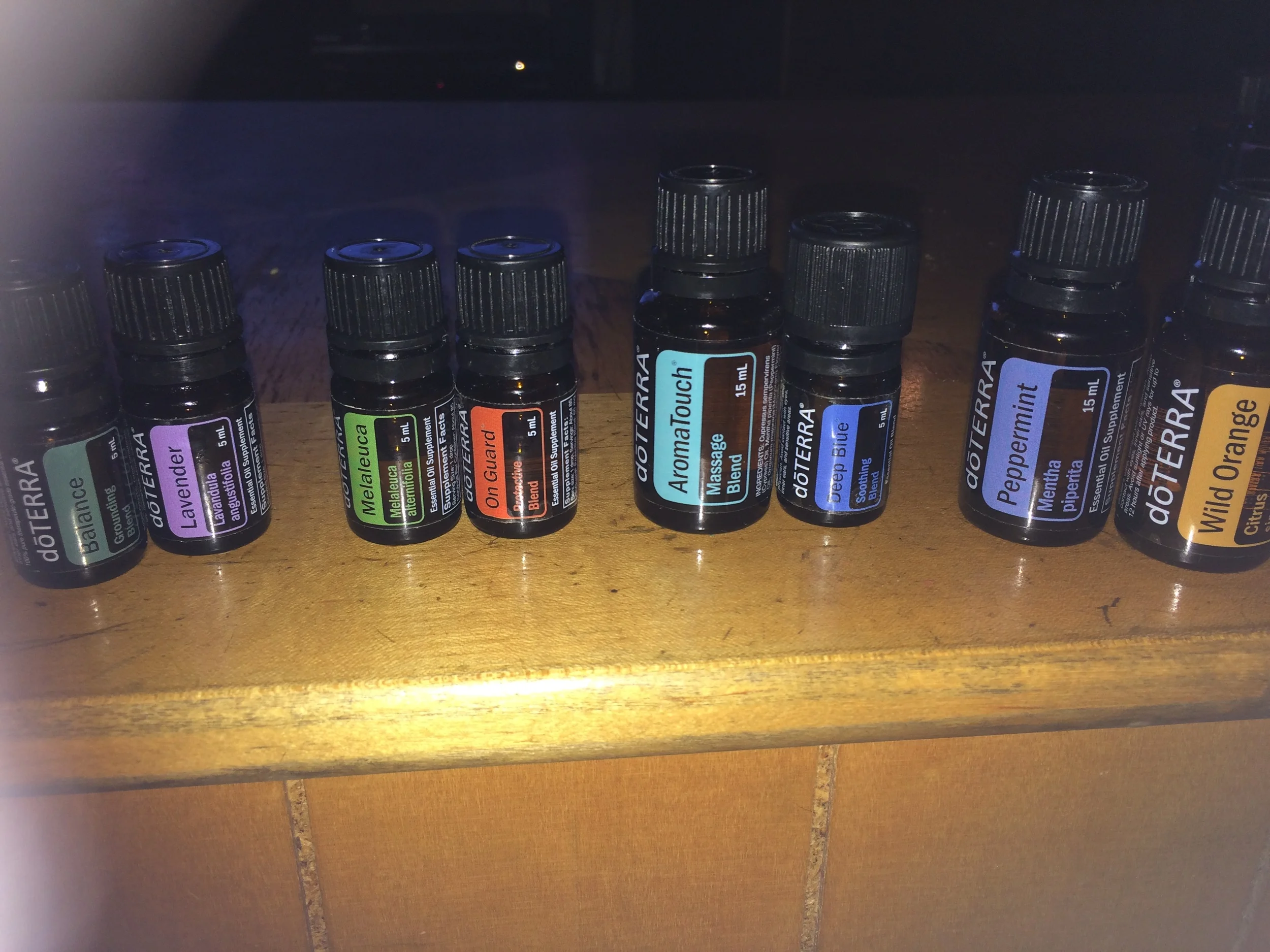 From left to right: Balance, Lavender, Melaleuca, On-Guard, AromaTouch, Deep Blue, Peppermint, and Wild Orange