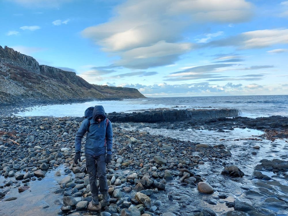  Seth wearing the Sten jacket while hiking on the Isle of Skye. 