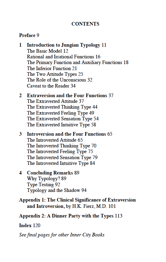 The table of contents for the book, Personality Types: Jung's Model of Typology, by Jungian analyst Daryl Sharp.