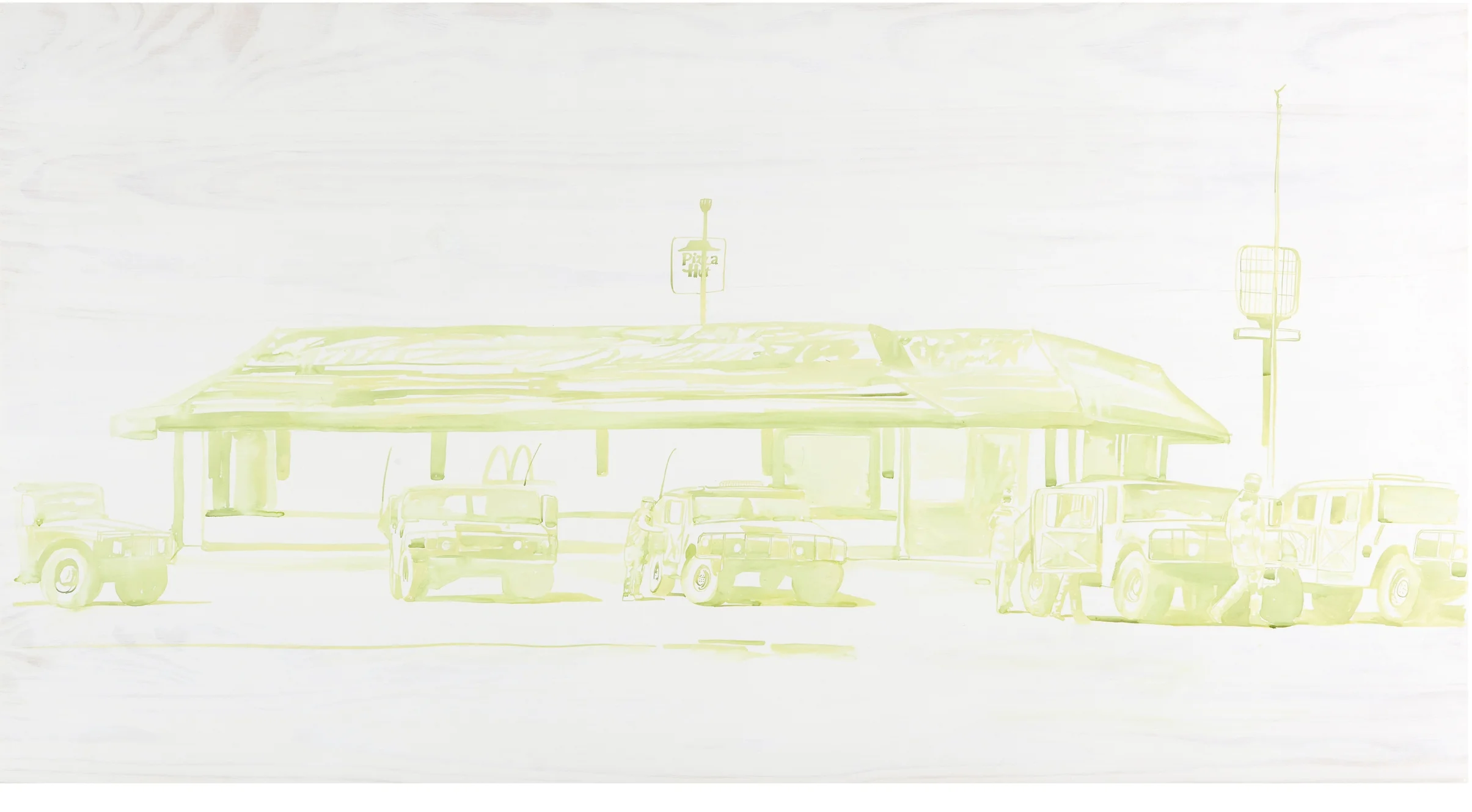  ' Cruising &amp; searching &amp; monitoring (soylent green)' ,&nbsp;Ink on timber,&nbsp;61&nbsp;x 114&nbsp;cm 